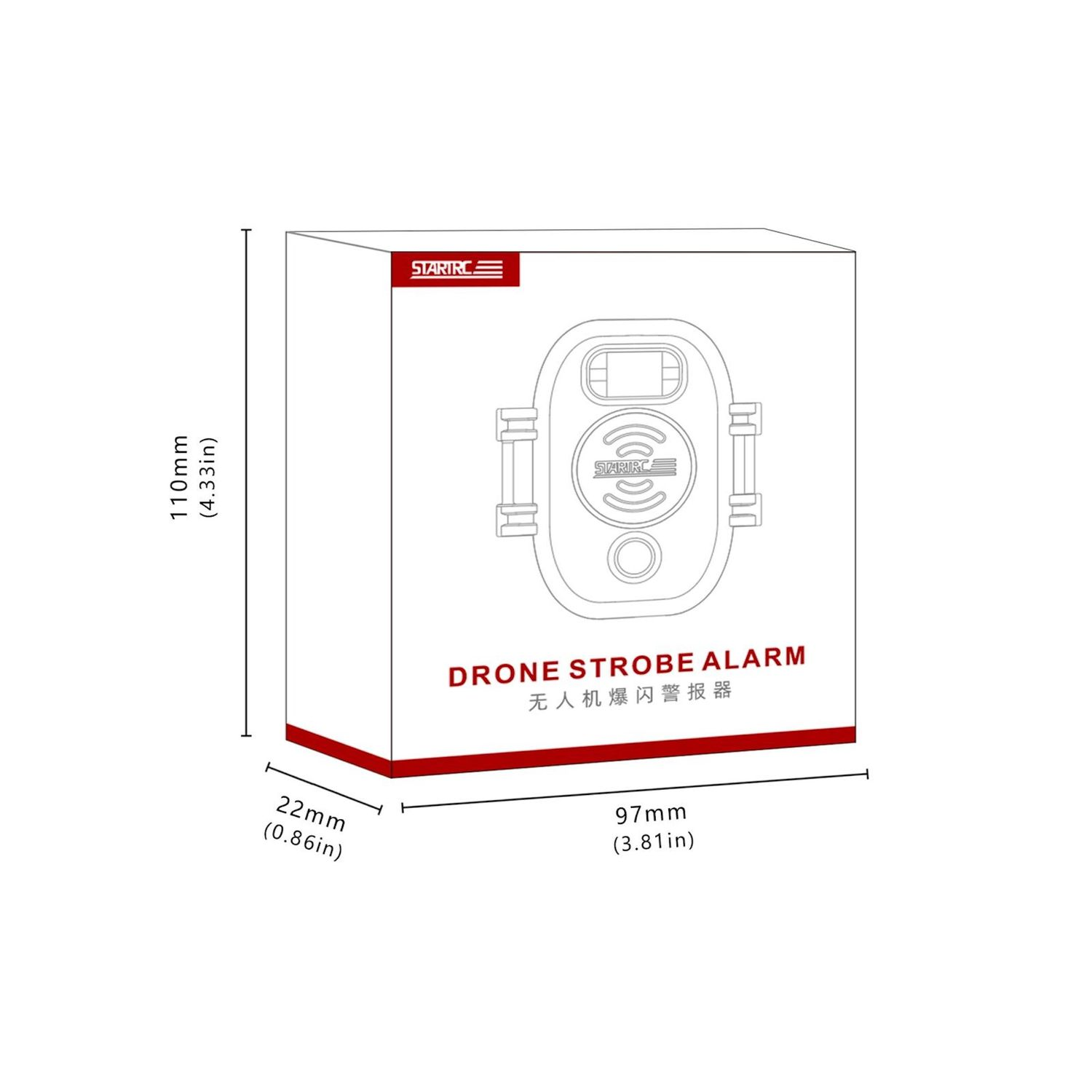 Eine weiße Schachtel mit der Aufschrift „Drohnen-Blitzalarm“. Produktname in Englisch und Chinesisch. Abmessungen in mm und Zoll.