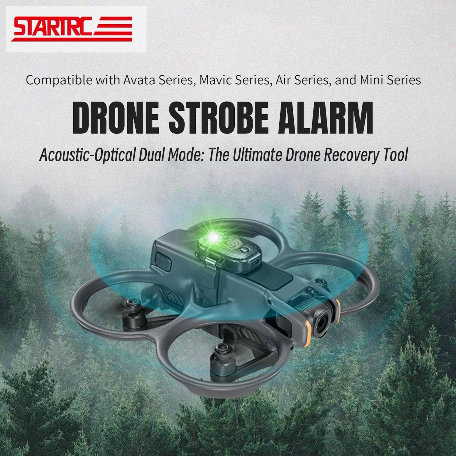 Drohnen-Stroboskop-Alarm mit grünem Licht vor Waldhintergrund. Text besagt Kompatibilität mit Avata, Mavic, Air und Mini Serien.