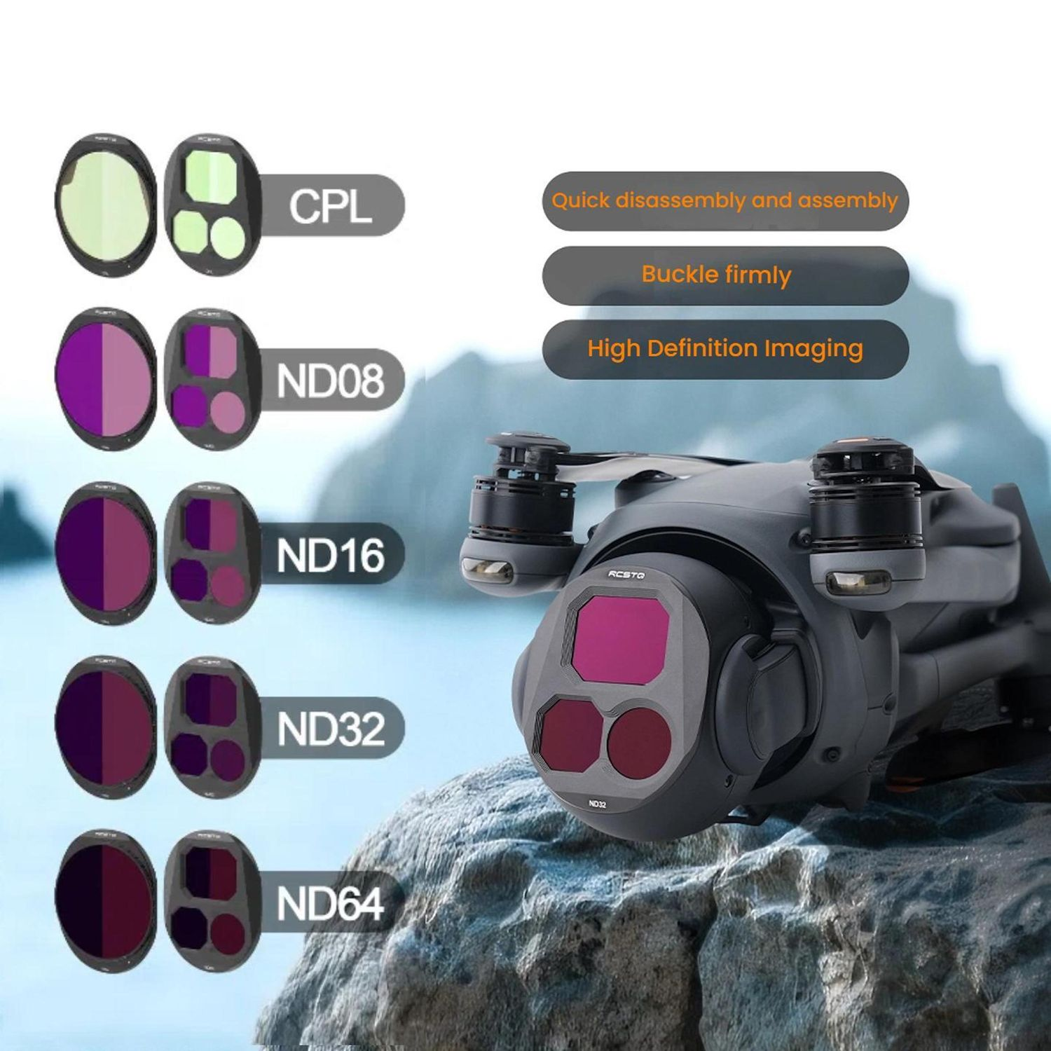 Un drone con filtri di diversi colori accanto. Il testo evidenzia il montaggio rapido, la fibbia salda e le immagini ad alta definizione.