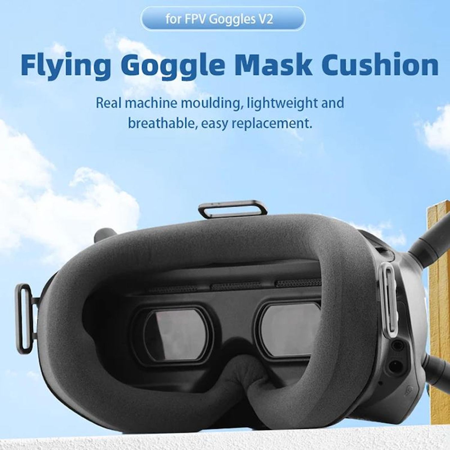 Ein schwarzes FPV-Brillen-Maskenkissen wird gezeigt. Der Text im Hintergrund lautet 'Flying Goggle Mask Cushion'.