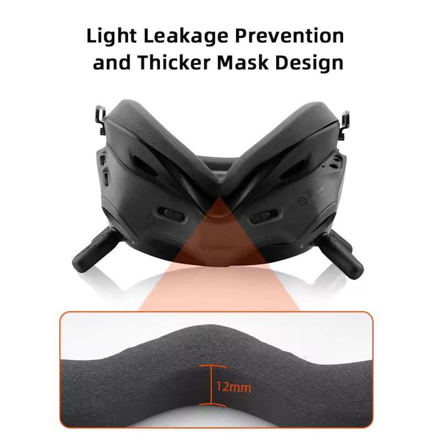 Schwarzes VR-Headset mit Text 'Light Leakage Prevention' und Detail einer dickeren Maske, 12-mm-Messung.