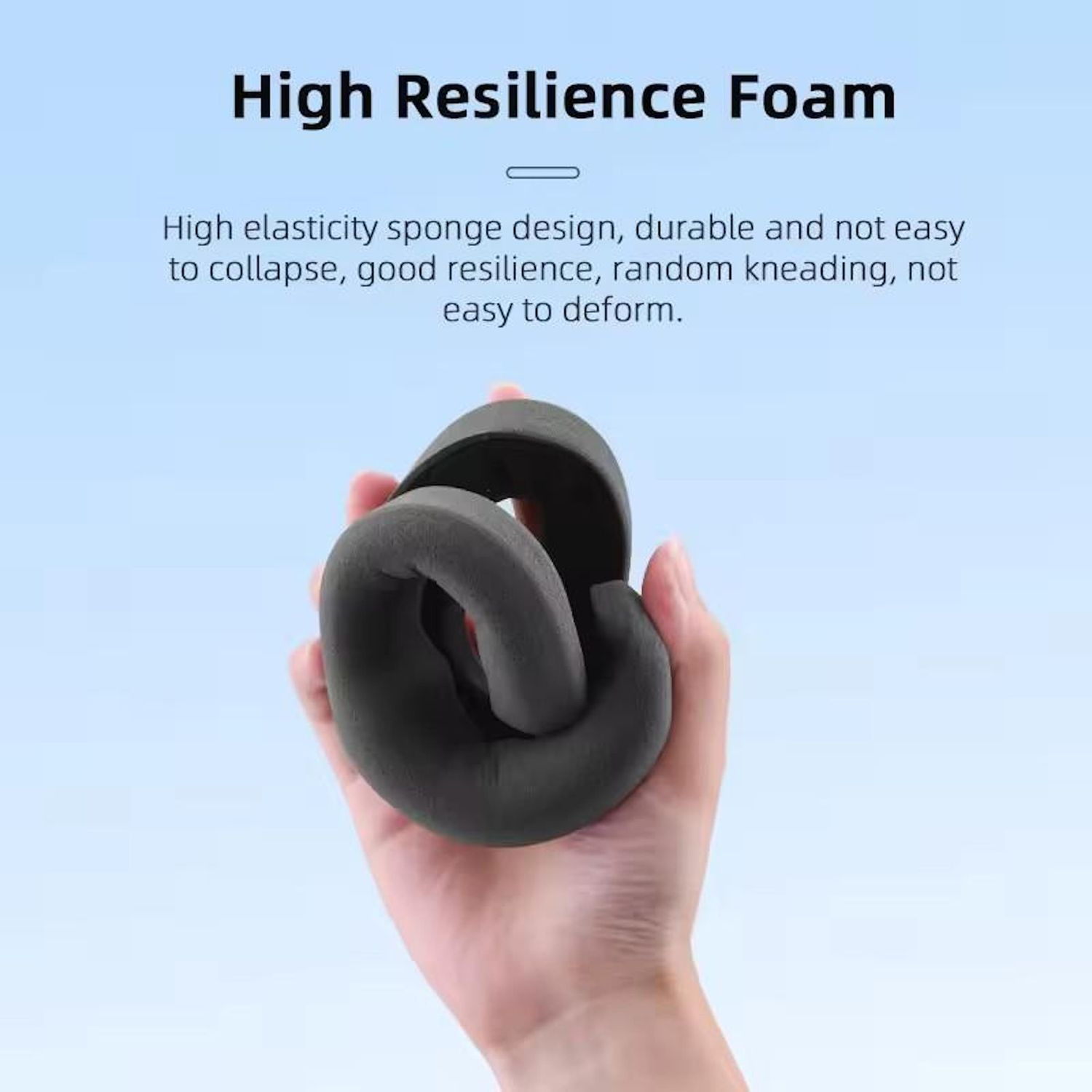 Eine Hand hält einen dunkelgrauen, gefalteten Schaumstoff. Der Text oben lautet 'High Resilience Foam'.