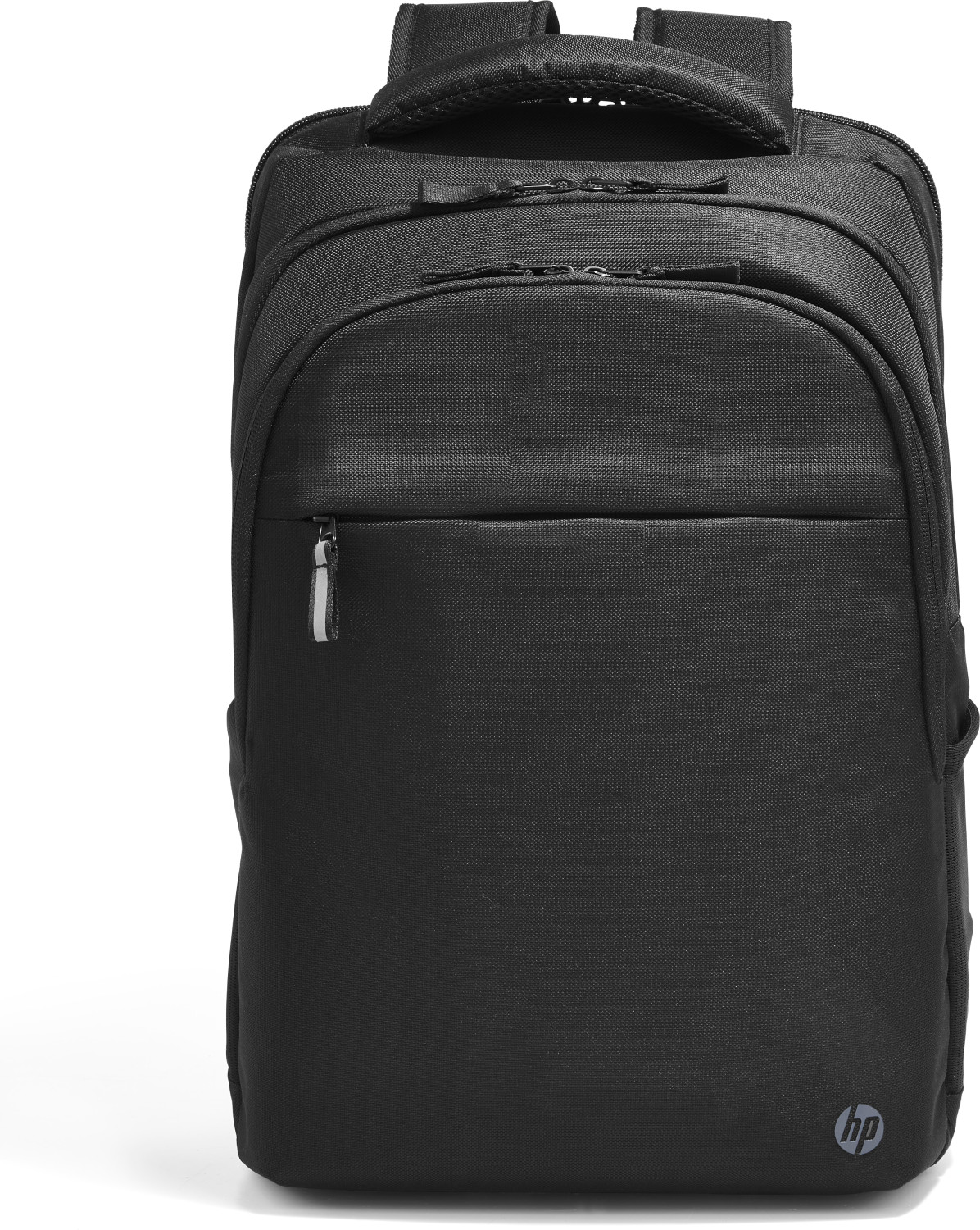 Ein schwarzer HP-Rucksack. Er hat mehrere Reißverschlussfächer und einen Griff oben. Das HP-Logo ist unten rechts sichtbar.