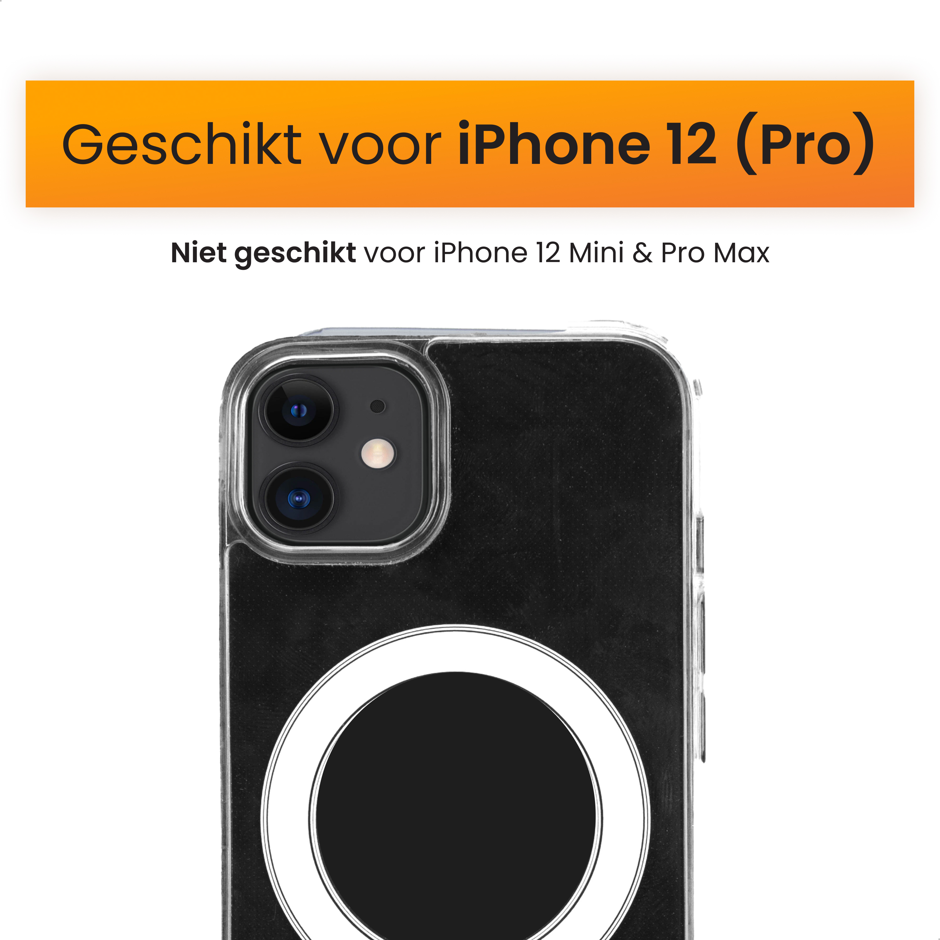Black phone case with white circular design. Text states 'Geschikt voor iPhone 12 (Pro)'.