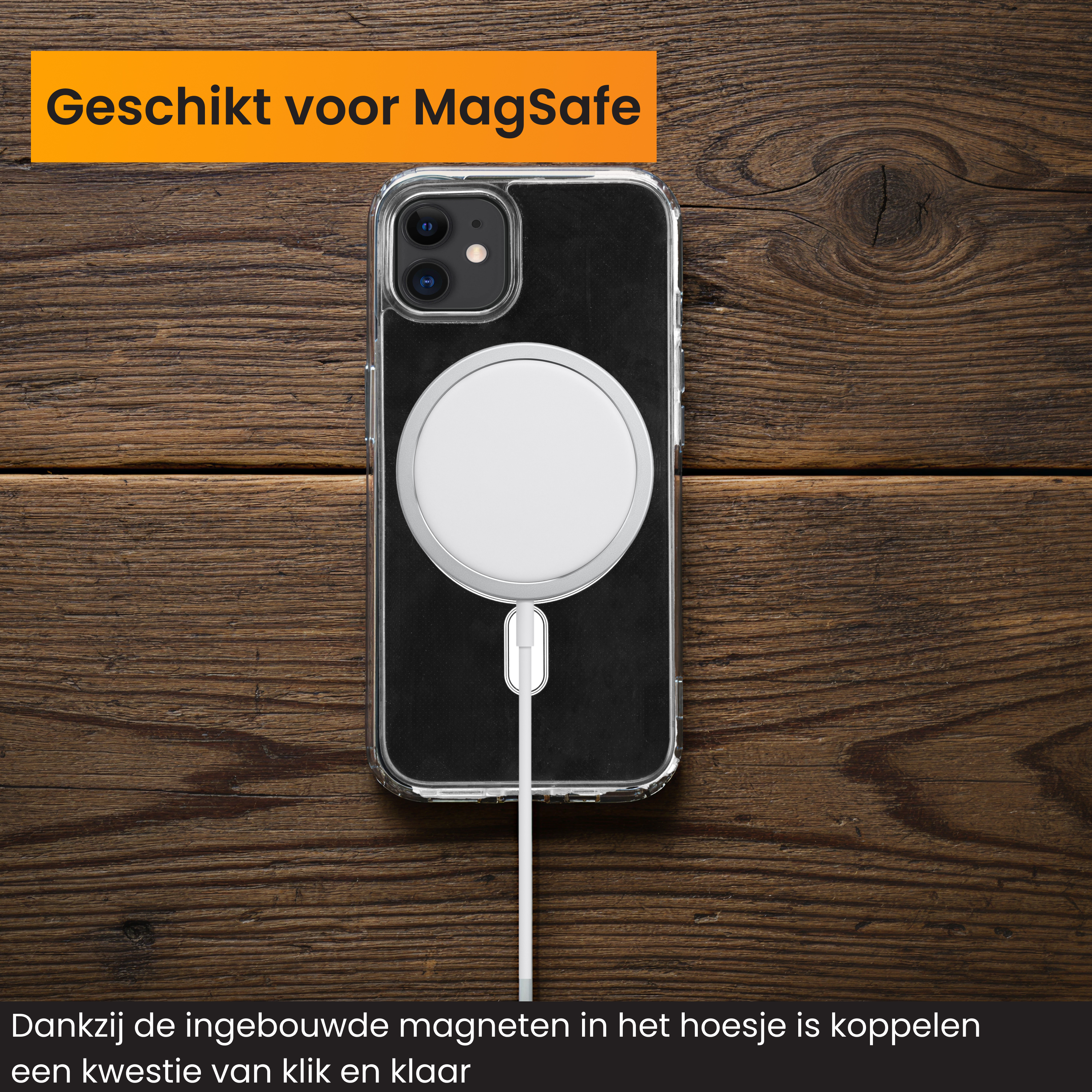 Phone case with MagSafe. A white circle is in the middle. Wooden background.