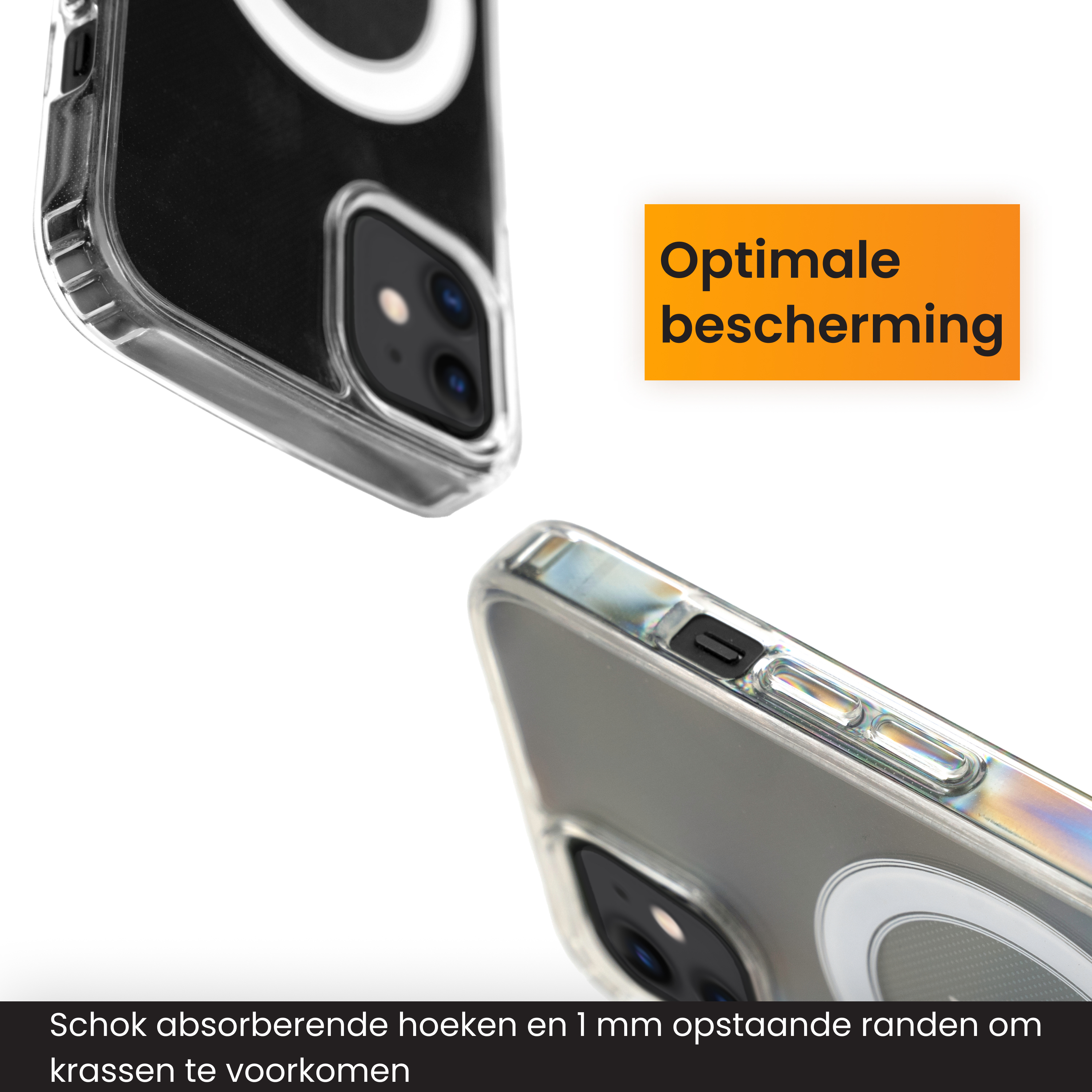 Clear phone cases with a white ring and black center are displayed. Text says 'Optimal protection' and 'Shock absorbing'.
