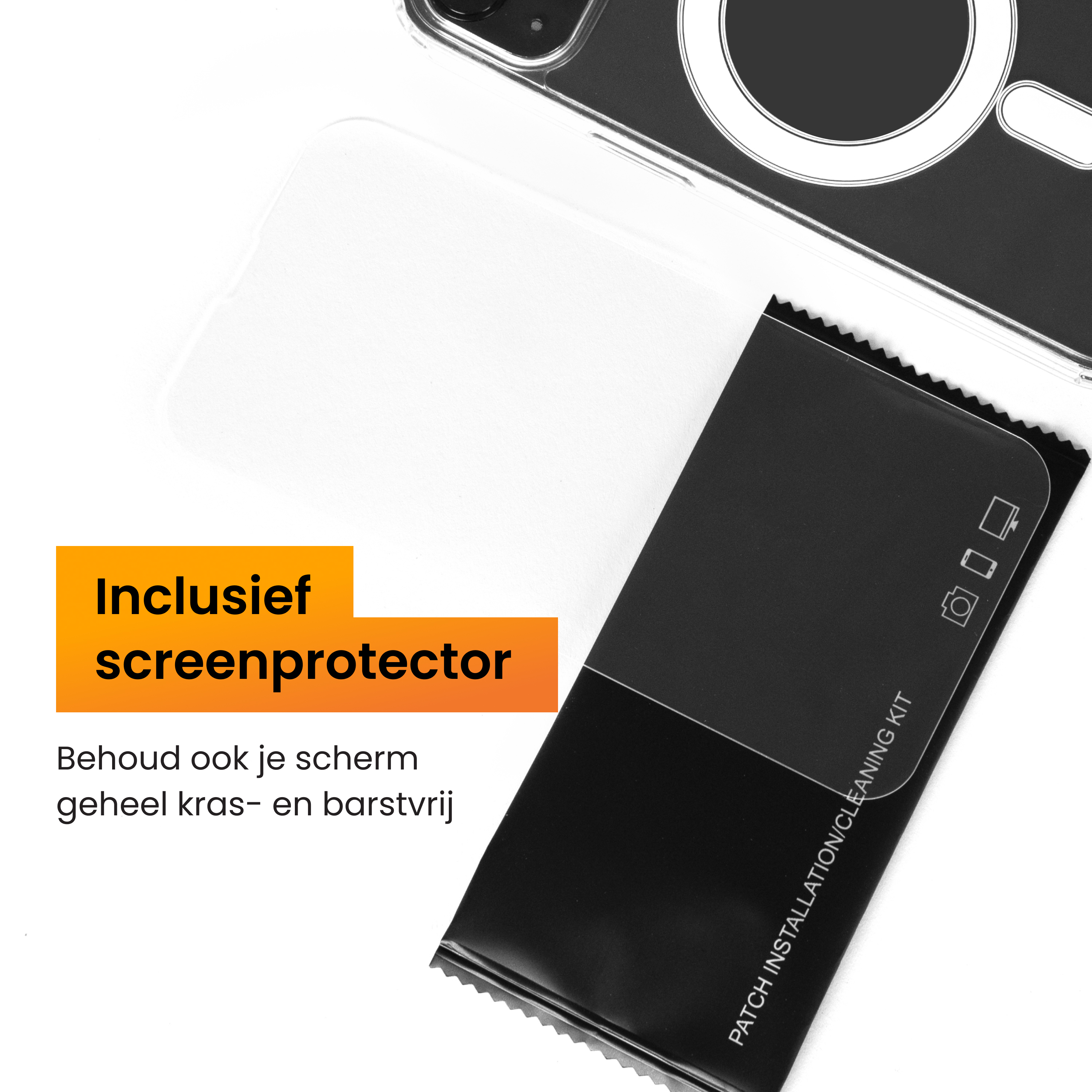 L'image montre une coque de téléphone, un protecteur d'écran et un kit de nettoyage sur fond blanc. Des superpositions de texte indiquent le produit.