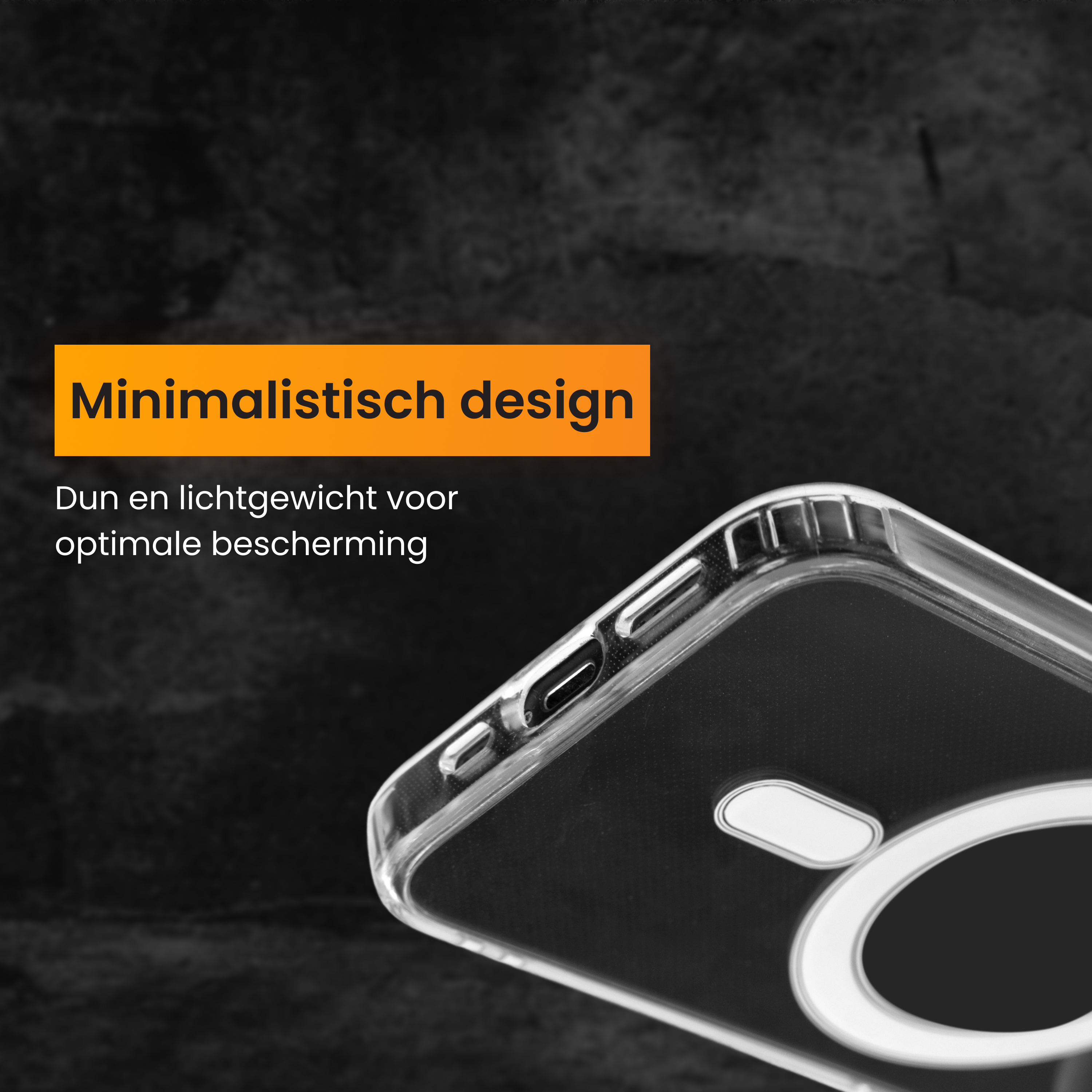 L'image montre une coque de téléphone. Elle est transparente, avec un fond noir. Le texte dit 'Design minimaliste' et 'fin et léger'.