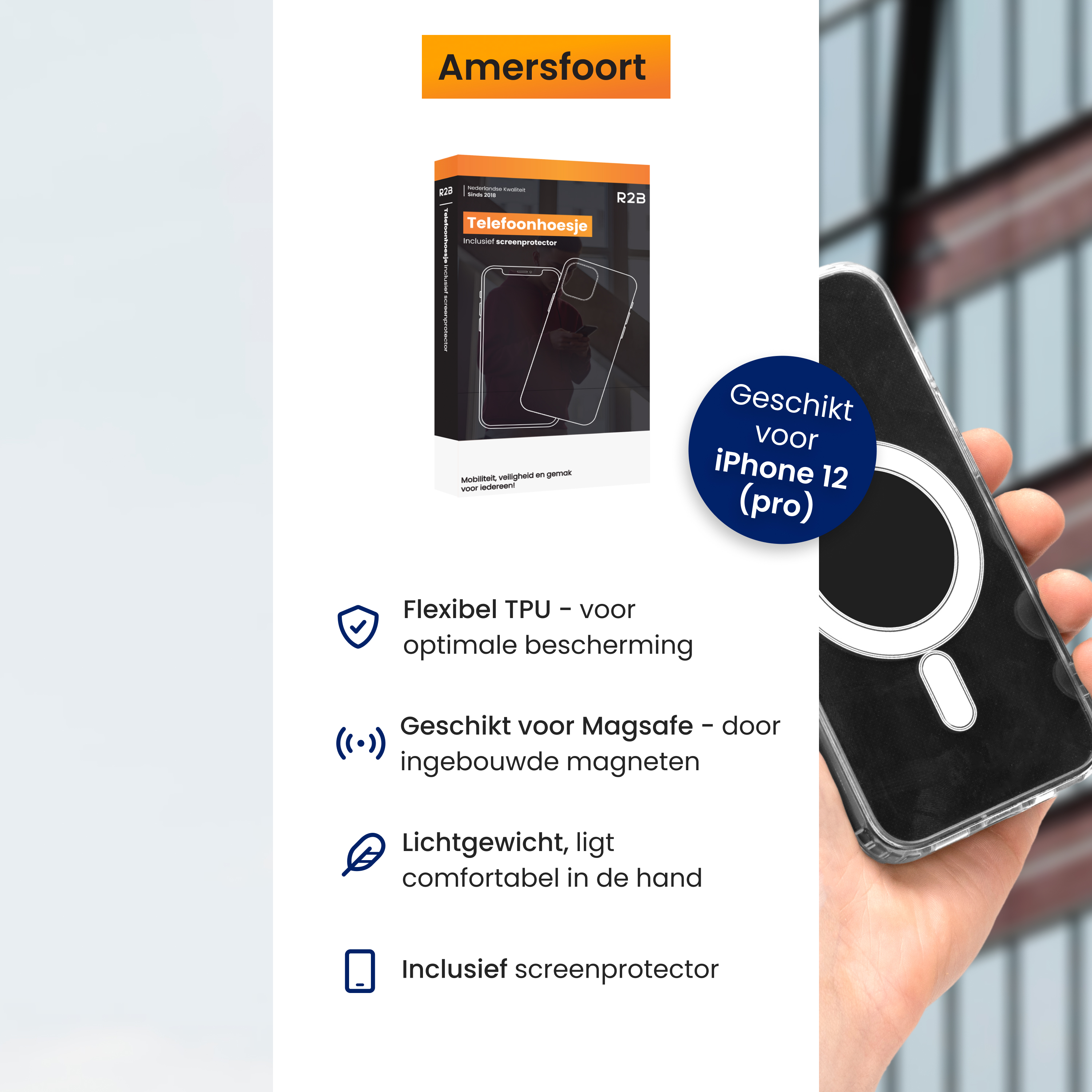 A hand holding a phone case. Text mentions iPhone 12 Pro, screen protector, and MagSafe compatibility.