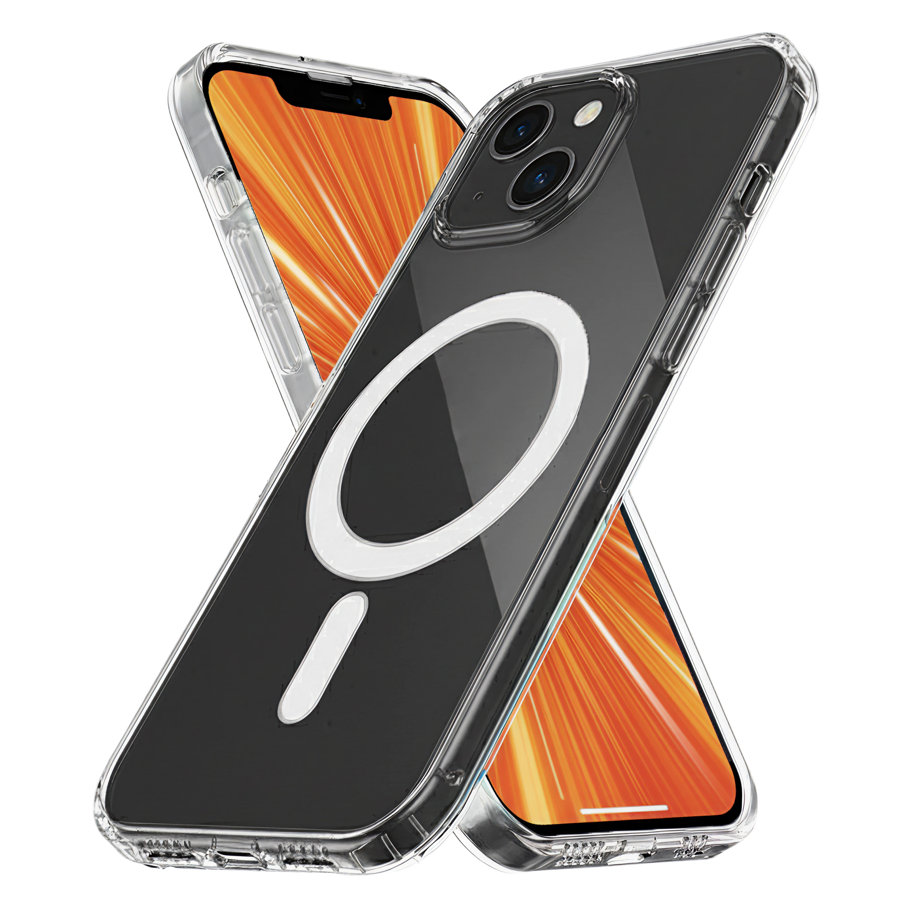 Deux coques de téléphone transparentes superposées. L'une montre l'écran, l'autre a un cercle et un tiret blancs.