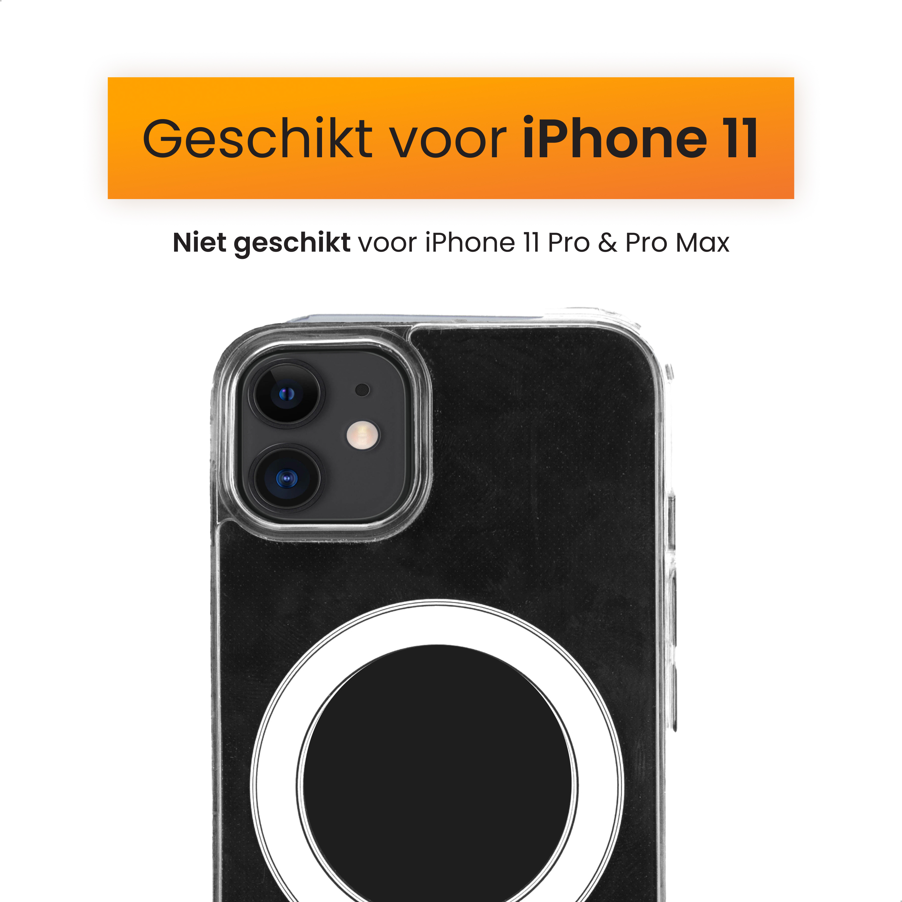 An iPhone 11 case. Text at the top indicates compatibility. The case has a black interior and a white circle design.