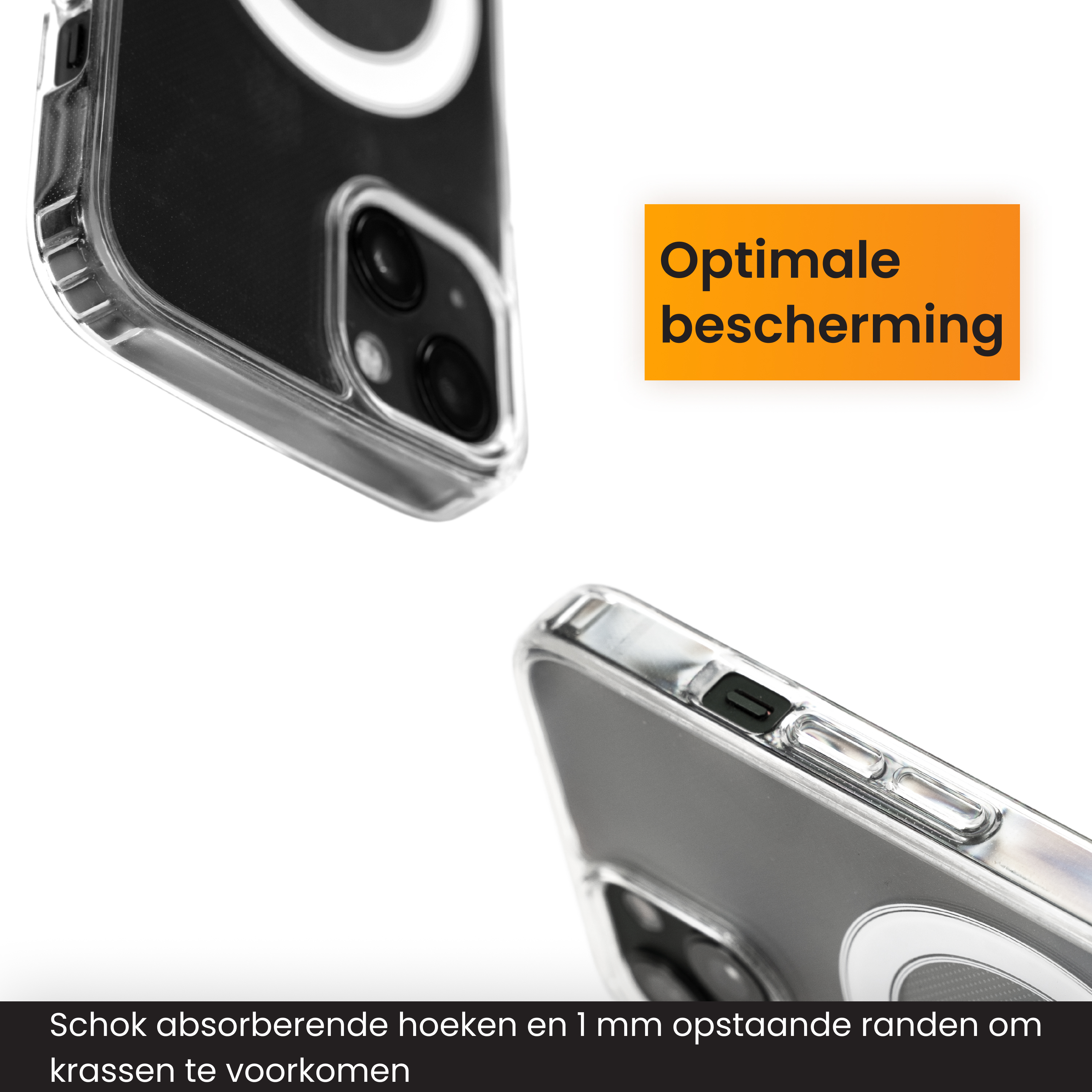 Transparante telefoonhoes met zwart interieur. Tekst: 'Optimale bescherming'. Schokabsorberende hoeken en opstaande randen.
