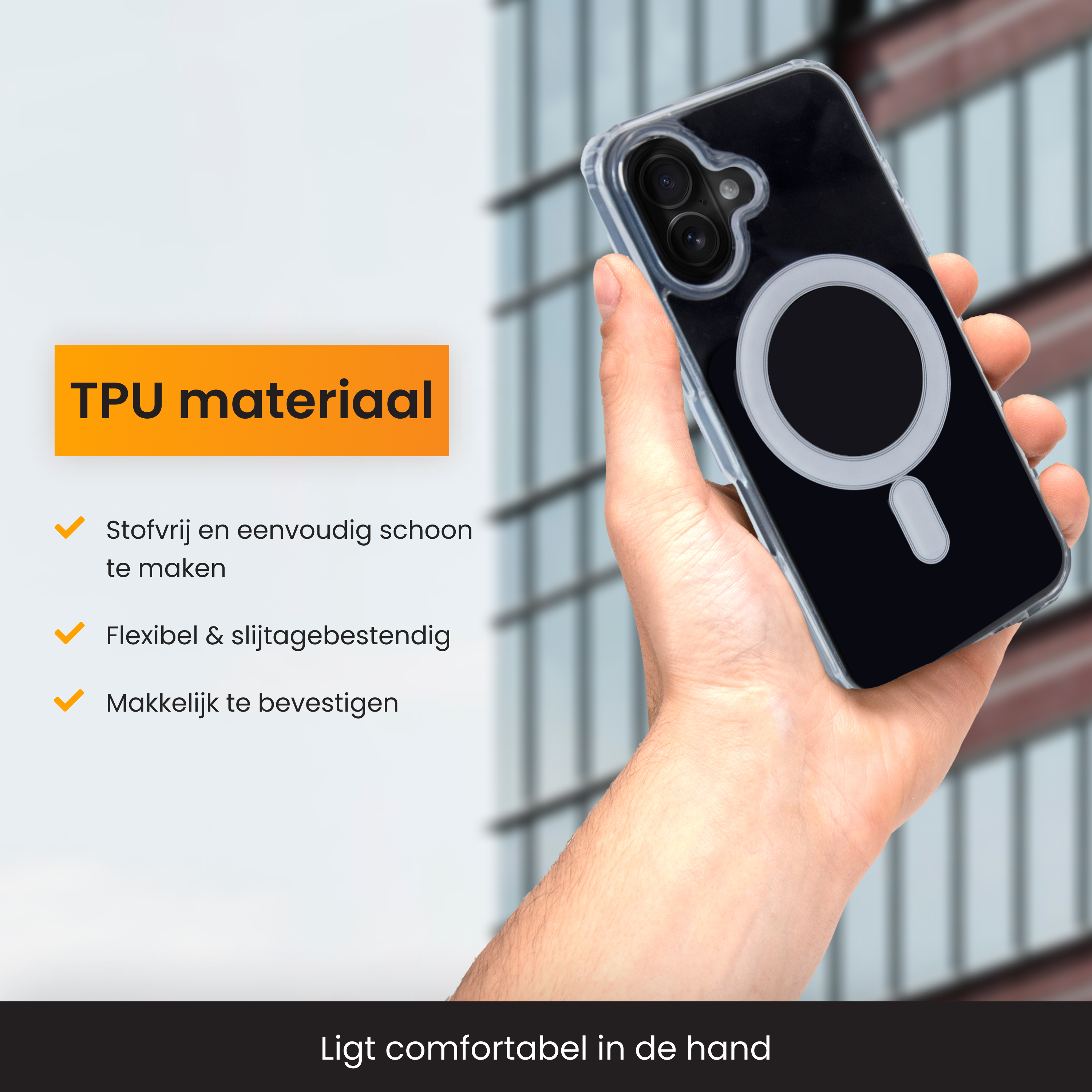 Hand die een telefoonhoes vasthoudt met een zwarte achterkant en een witte cirkel. Tekst: TPU-materiaal.