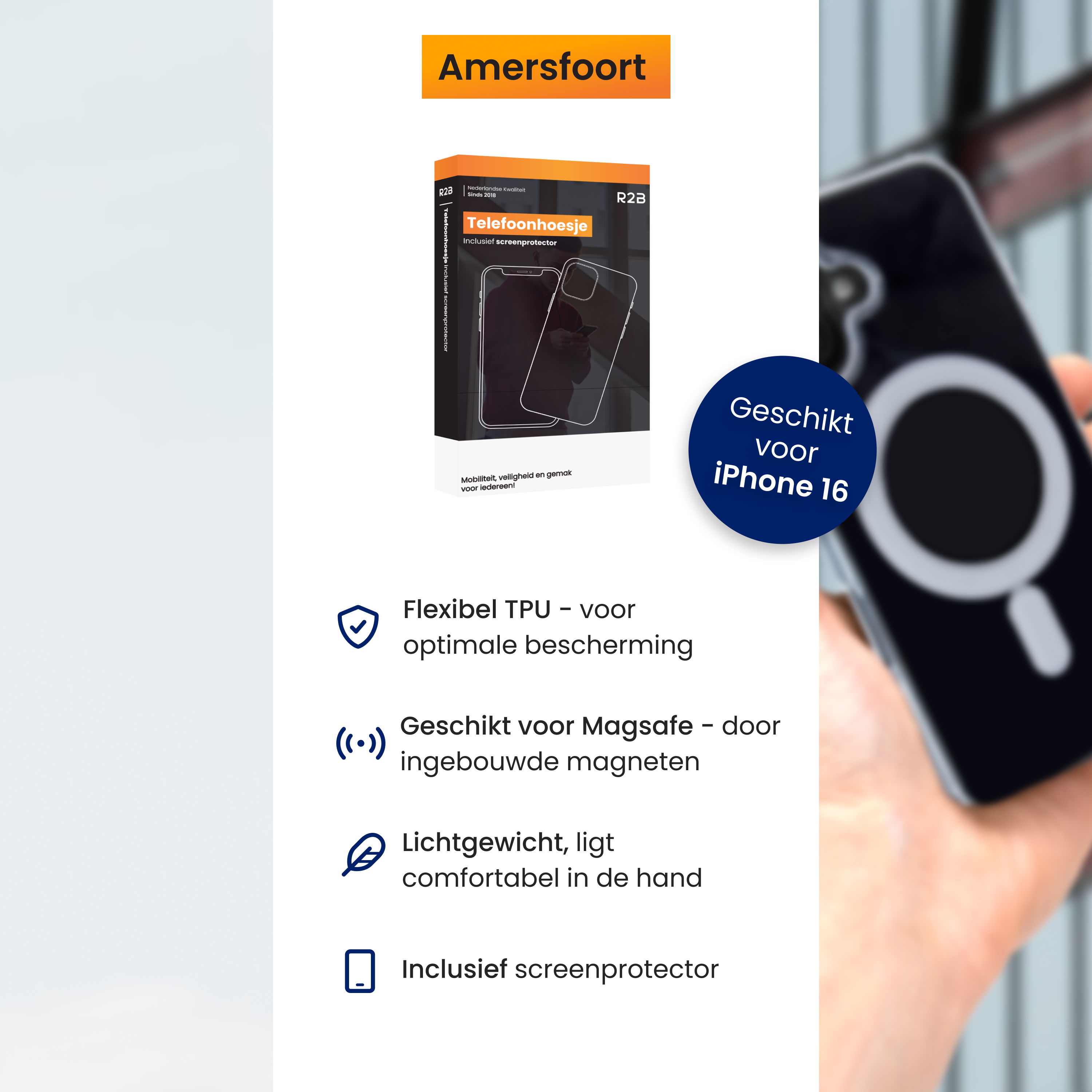 Afbeelding toont een telefoonhoesjesdoos, een telefoonhoesje en een telefoon. Tekst: 'Geschikt voor iPhone 16'.