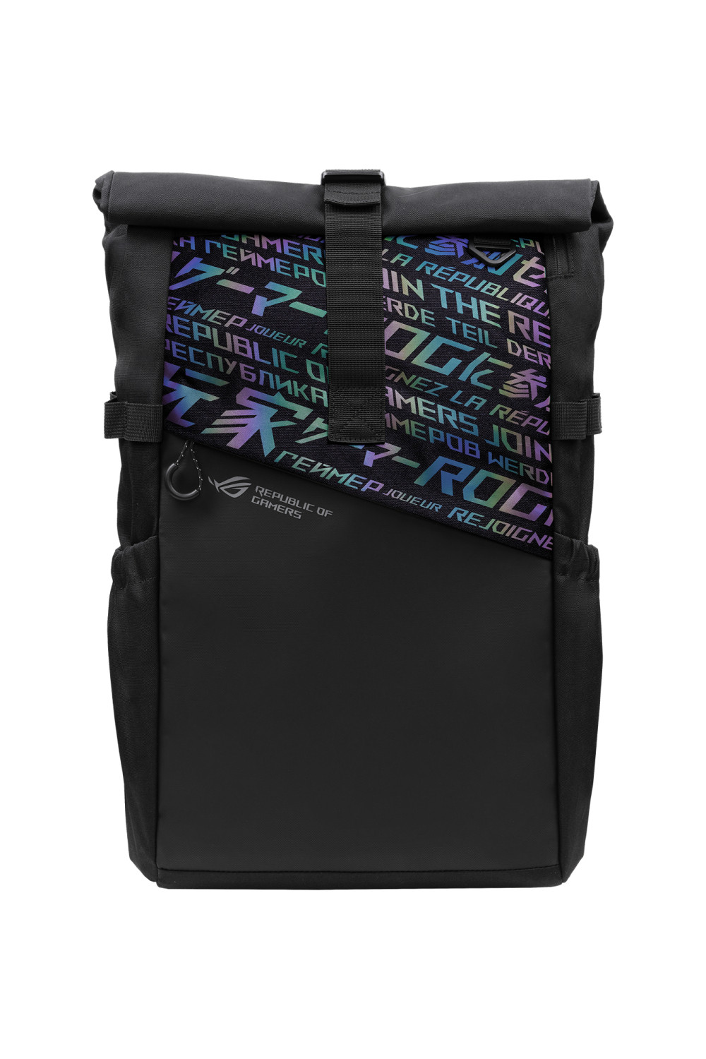 Schwarzer Rucksack mit Rollverschluss. Der obere Teil hat farbigen Text, der untere das Republic of Gamers-Logo.