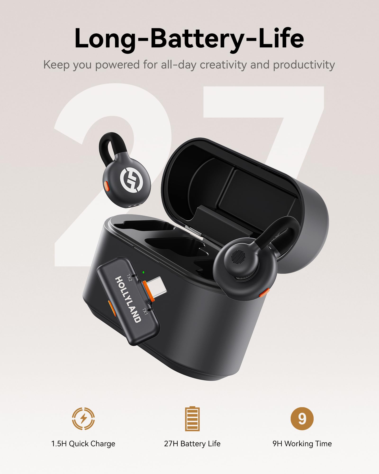 Auriculares inalámbricos negros y estuche de carga. Incluye un transmisor Hollyland. Texto: Larga duración de la batería, 1,5H Carga rápida, 27H Duración.