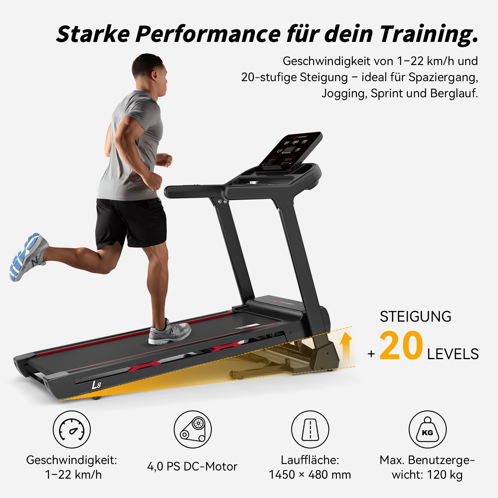 Ein Mann läuft auf einem Laufband. Das Laufband hat einen Bildschirm und zeigt Geschwindigkeit und Steigung an.
