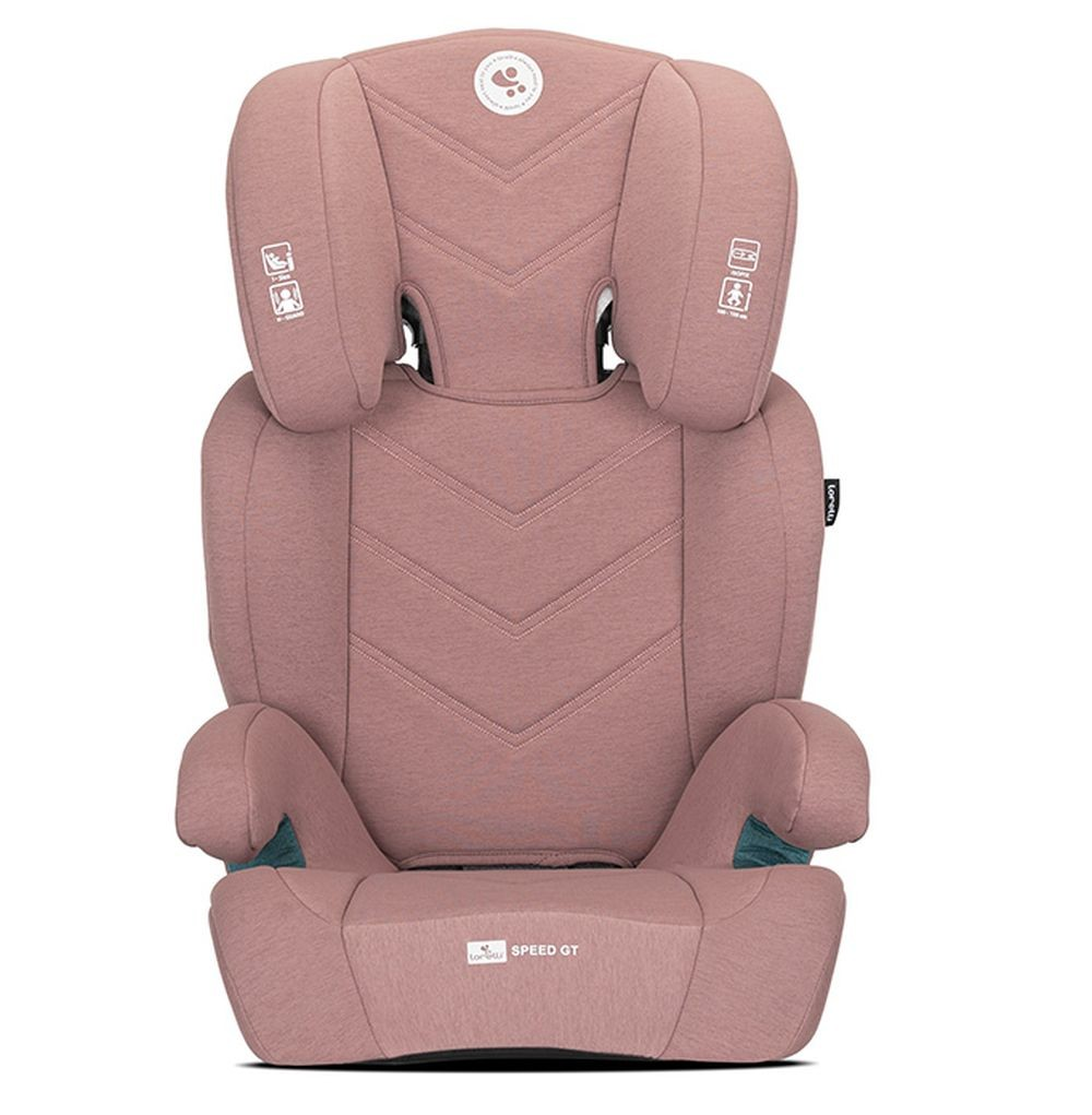 Ein pinkfarbener Kindersitz. Er hat eine Kopfstütze, Seitenstützen und einen Sitz. Der Markenname ist sichtbar. Der Sitz ist neu.