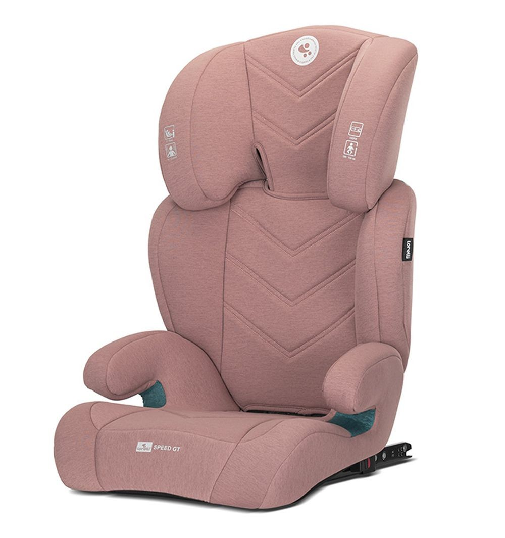 Ein rosa Autositz. Er hat eine Kopfstütze, eine Rückenlehne und einen Sitz. Auf dem Sitz steht Speed GT. Die Kopfstütze hat ein Logo.