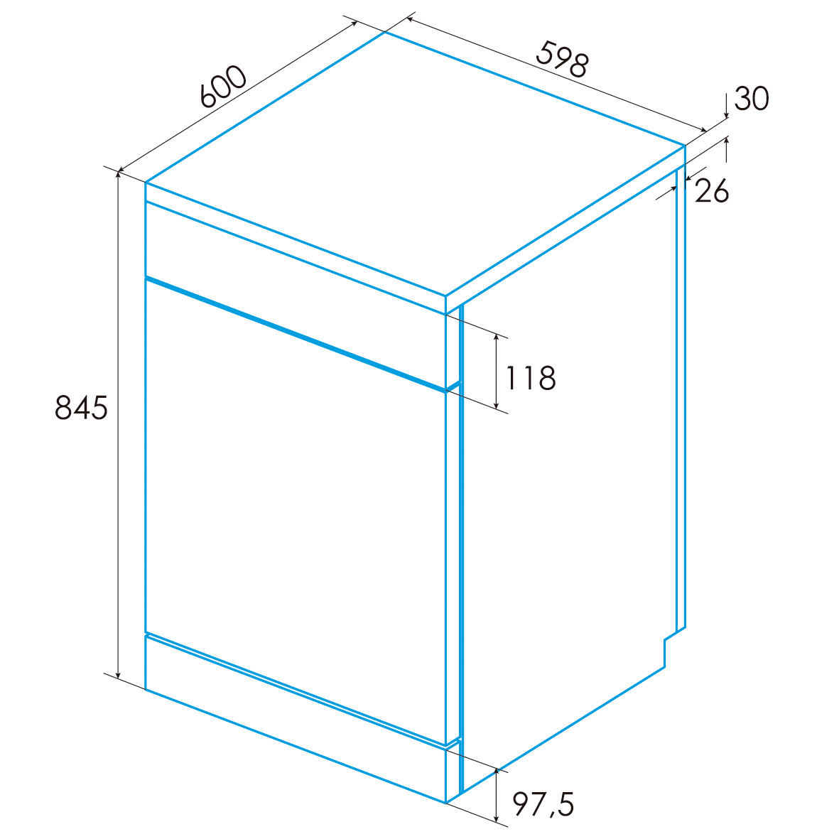 Una ilustración muestra una forma rectangular etiquetada con dimensiones. Las dimensiones son 600, 845, 598, 30, 26, 118 y 97,5.