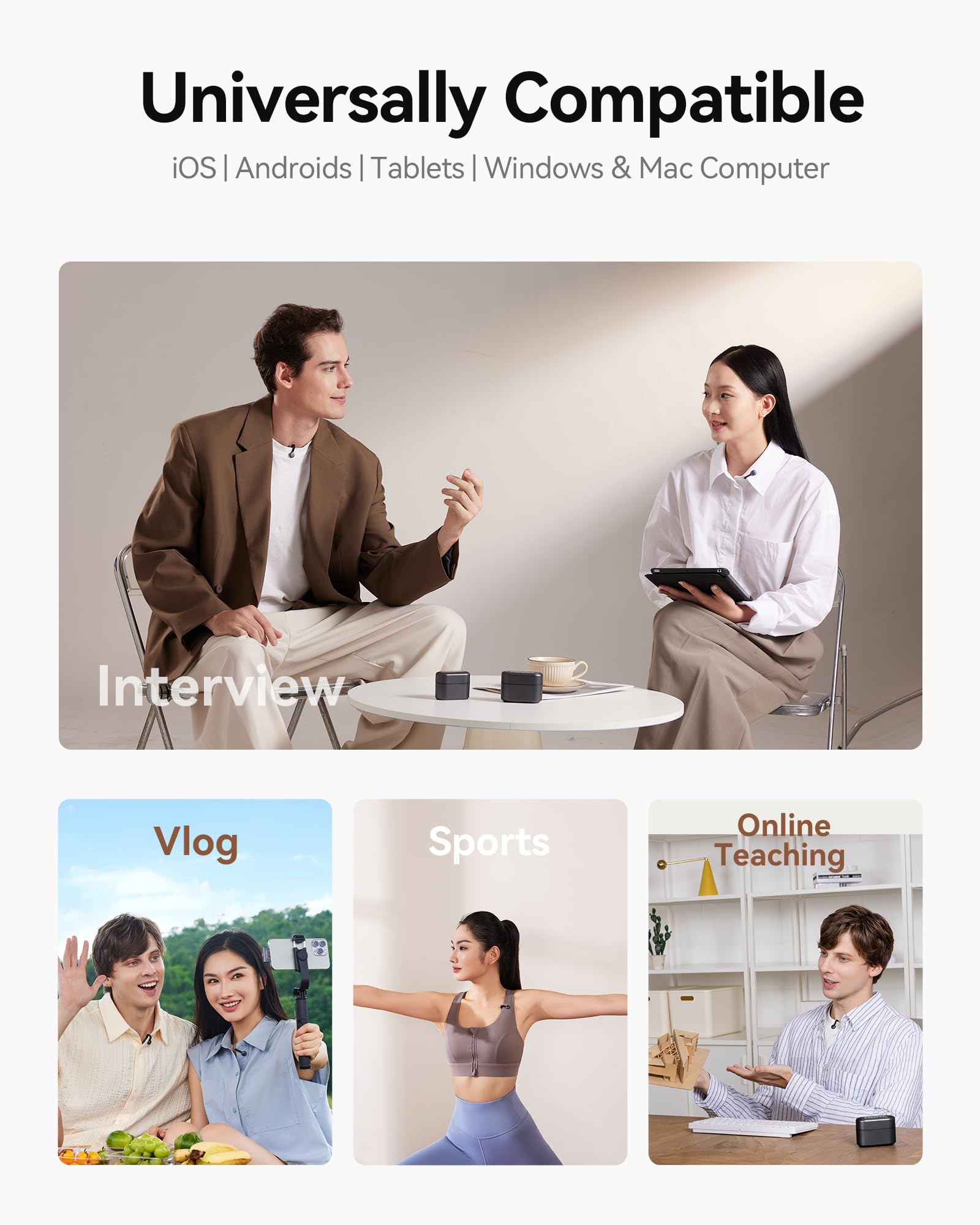 La imagen muestra personas en entornos de entrevista, vlog, deportes y enseñanza en línea, con colocación de productos. Texto: Universalmente compatible.