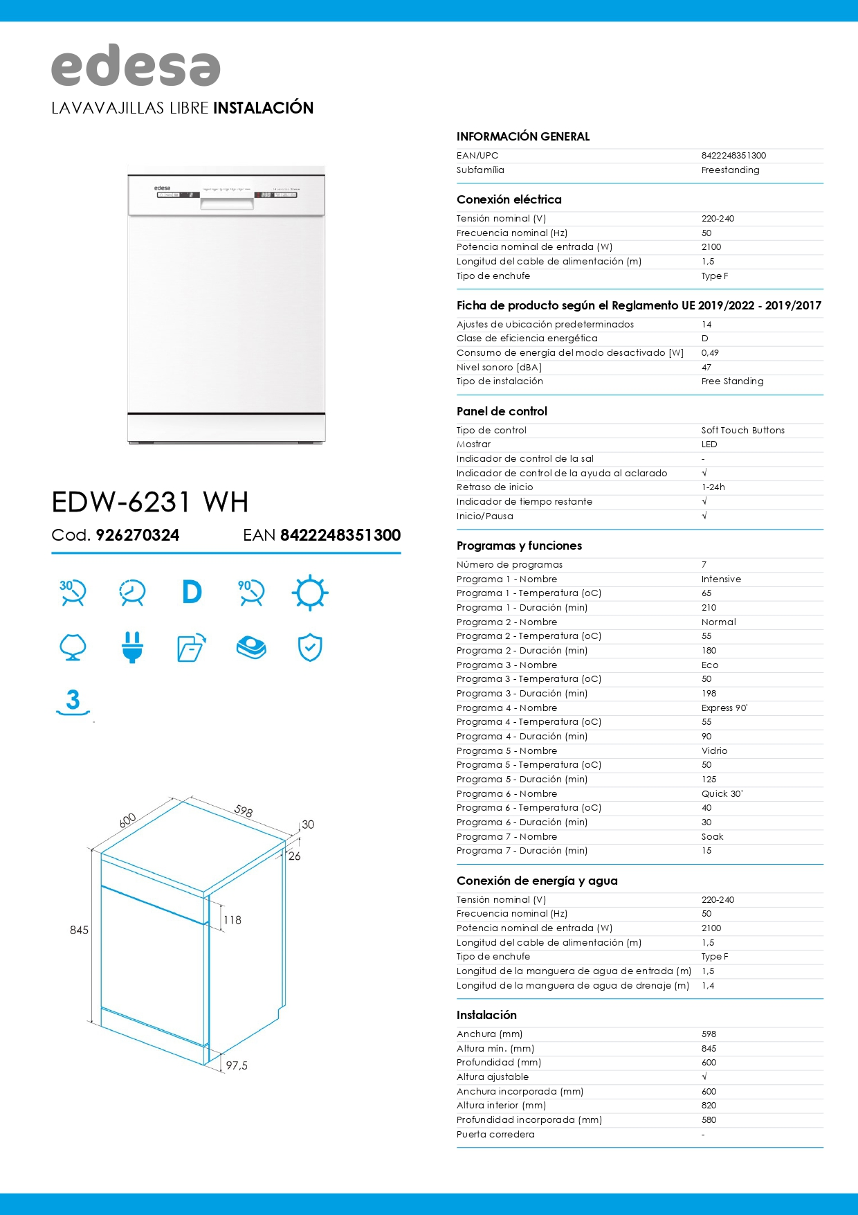 Un lavavajillas blanco Edesa con panel de control, modelo EDW-6231 WH. Se enumeran especificaciones y dimensiones.