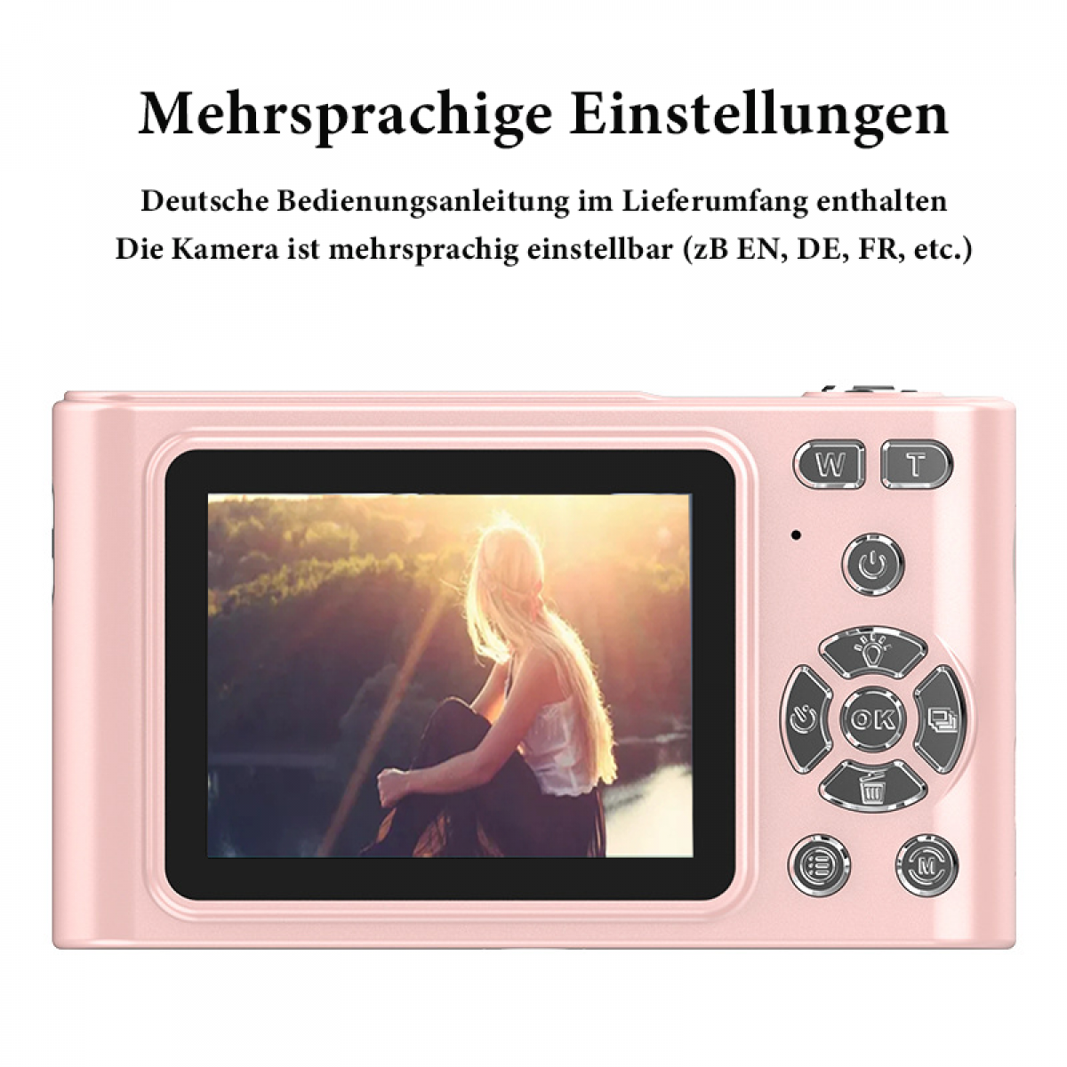 Rosa Digitalkamera mit Bildschirm, der eine Frau zeigt. Text oben: 'Mehrsprachige Einstellungen'.