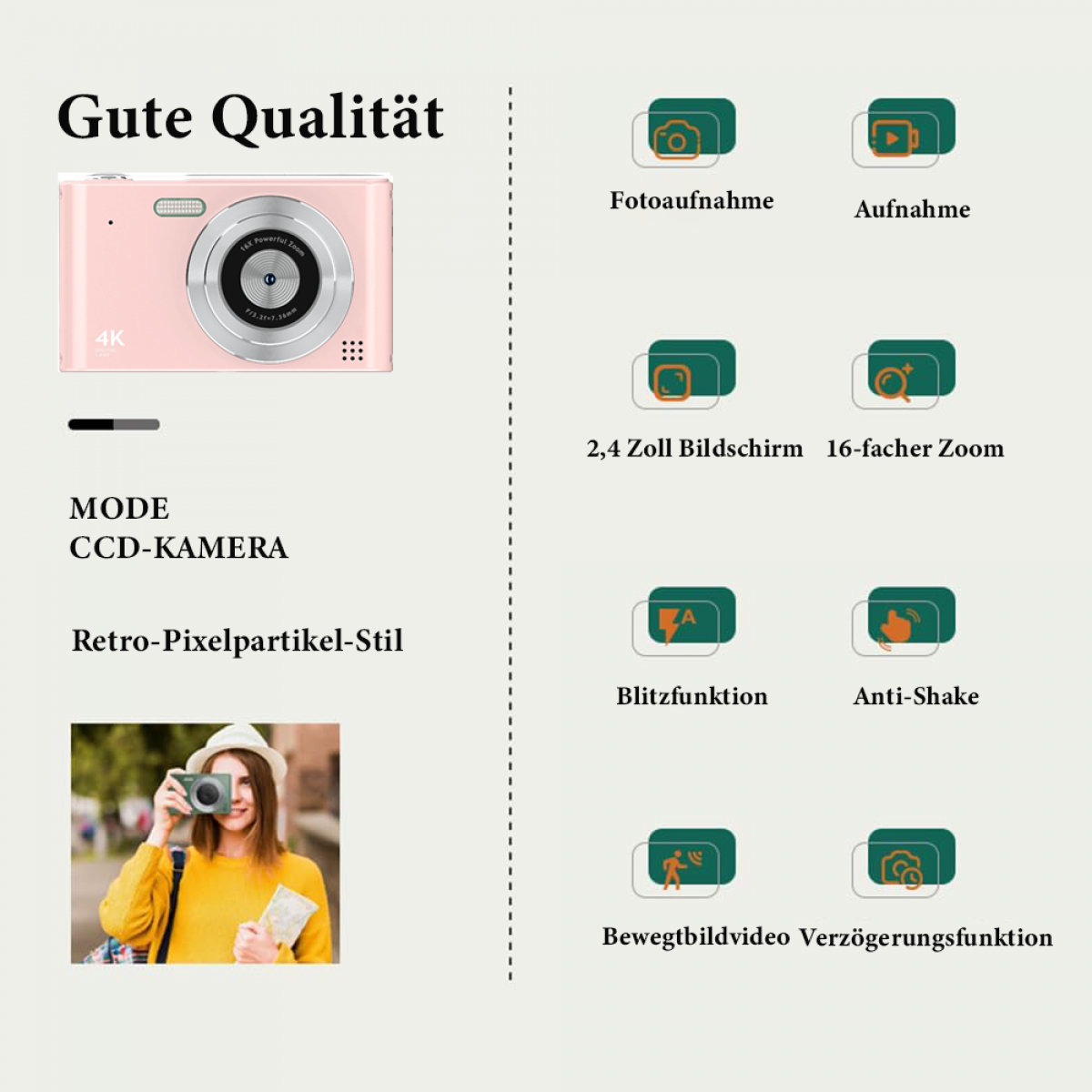 Eine rosa Digitalkamera mit einer Frau, die eine hält. Zu den Merkmalen gehören 4K, Zoom und verschiedene Funktionssymbole. Deutscher Text ist ebenfalls vorhanden.