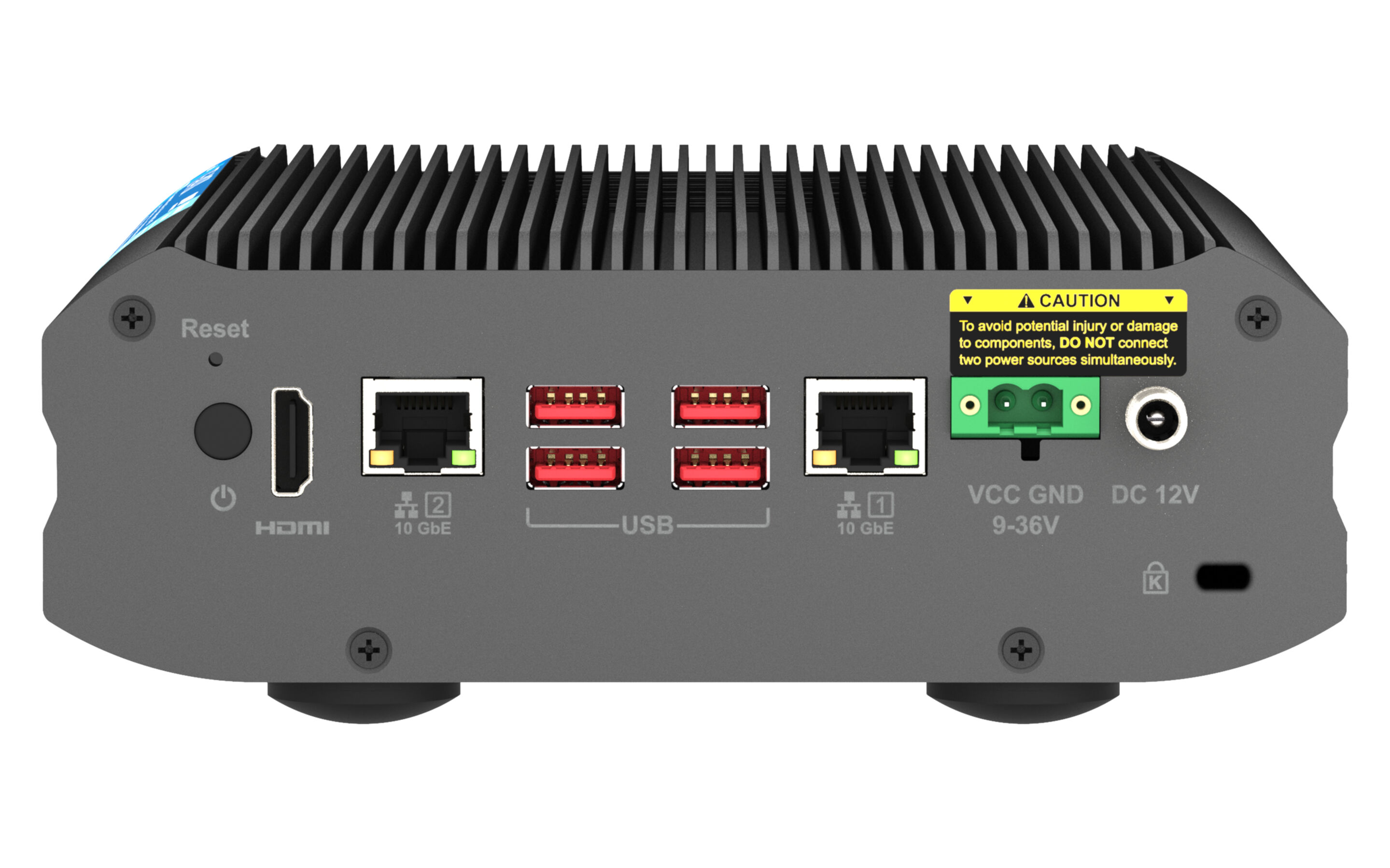 Ein schwarzes und graues Gerät mit mehreren Anschlüssen. Es hat HDMI-, USB- und Ethernet-Anschlüsse sowie einen Stromeingang.