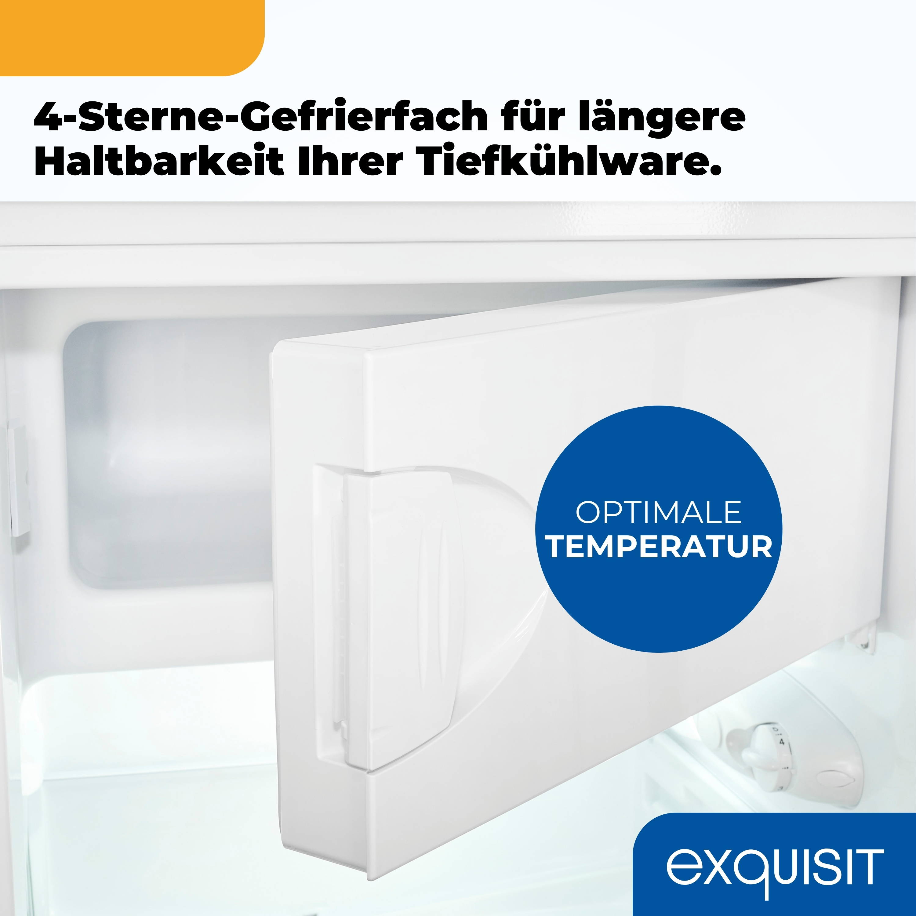 Offener Kühlschrank mit weißer Gefrierschublade. Blauer Kreis mit Text. Weißer Innenraum. Text oben.
