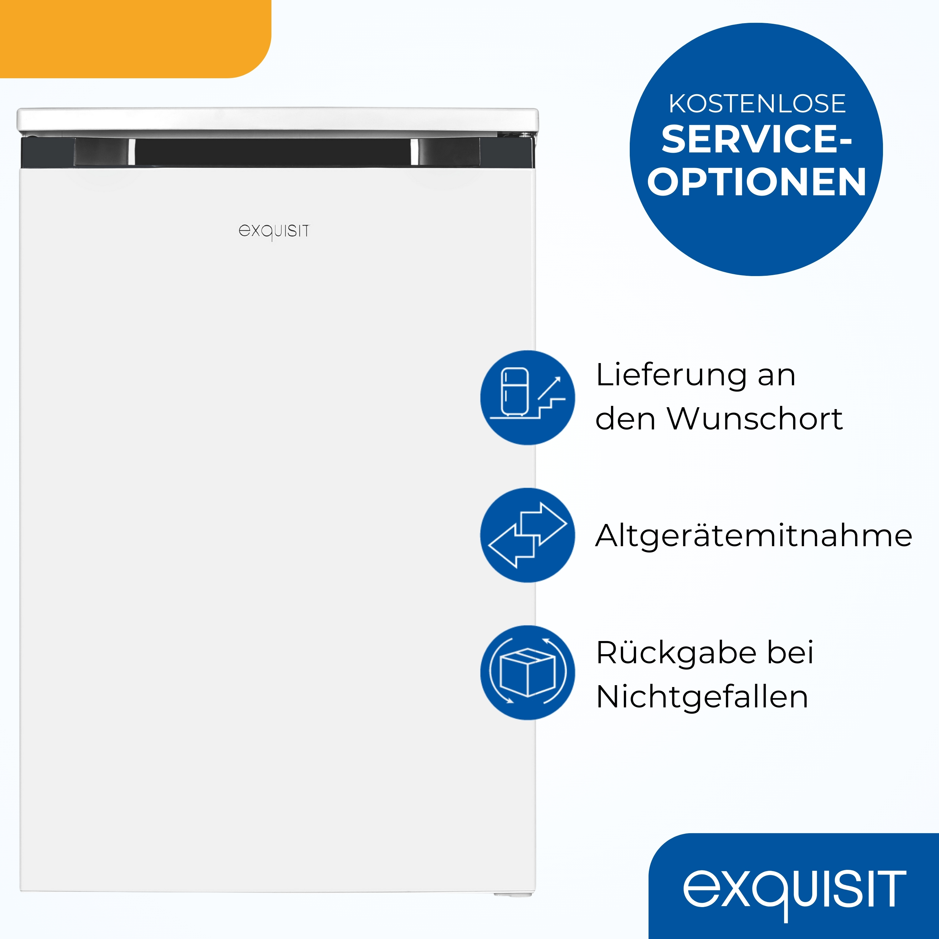 Ein weißer Kühlschrank mit schwarzen Details. Blaue Kreise zeigen kostenlose Serviceoptionen. Deutscher Text: Lieferung und Rückgabe.