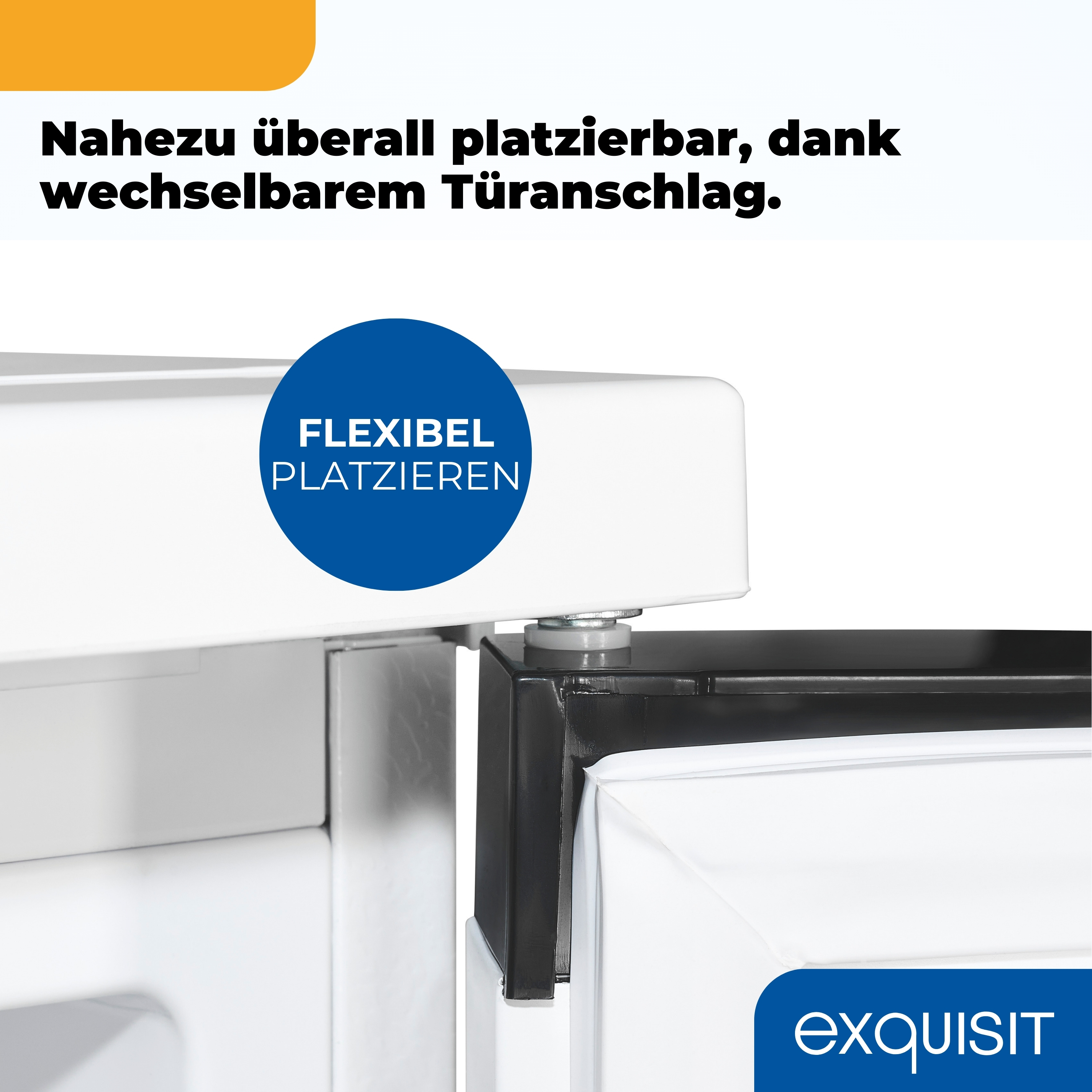 Nahaufnahme einer weißen Gerätetür mit schwarzem Scharnier. Blauer Kreis mit Text "FLEXIBEL PLATZIEREN".