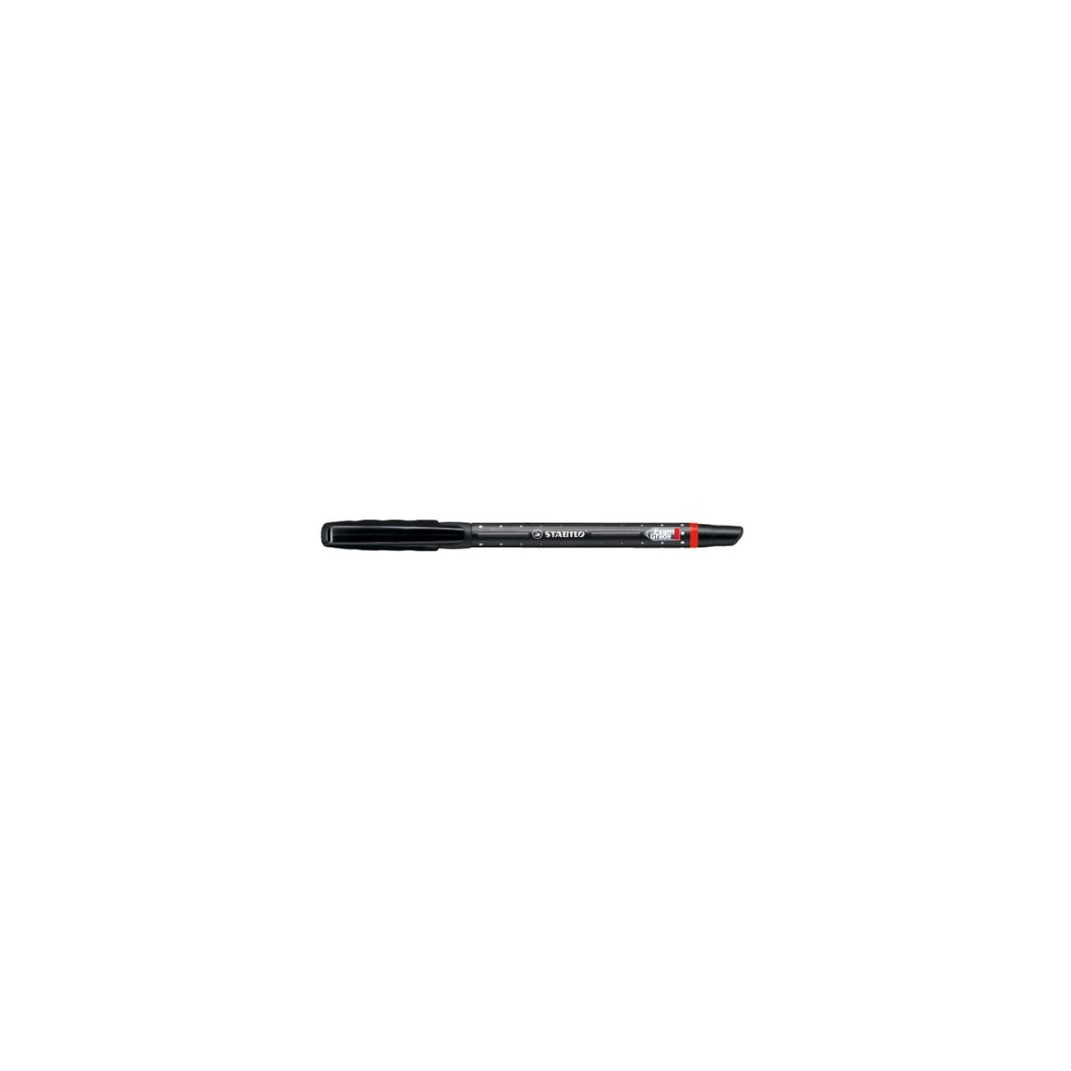 Ein schwarzer Stabilo-Stift mit roter Spitze liegt horizontal auf weißem Hintergrund. Der Stiftkörper ist schwarz mit weißem Text.