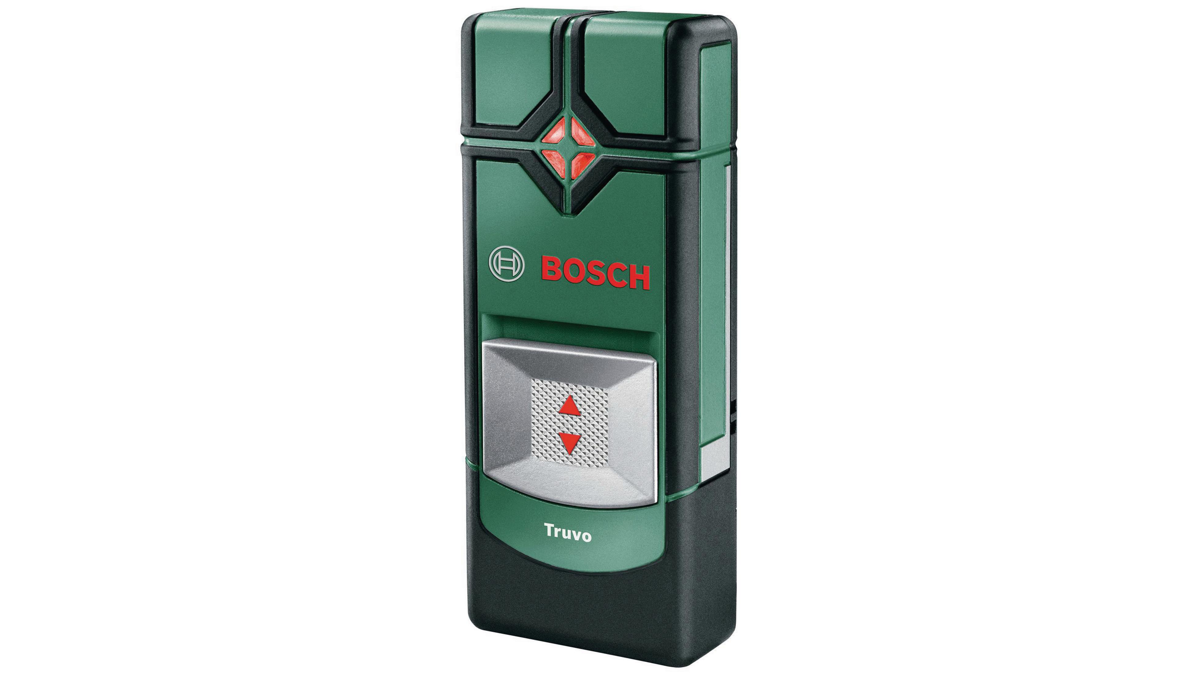 Yeşil bir Bosch Truvo saplama bulucu. Kırmızı okları olan gri bir düğmesi, kırmızı bir çarpı işareti ve Bosch logosu var.