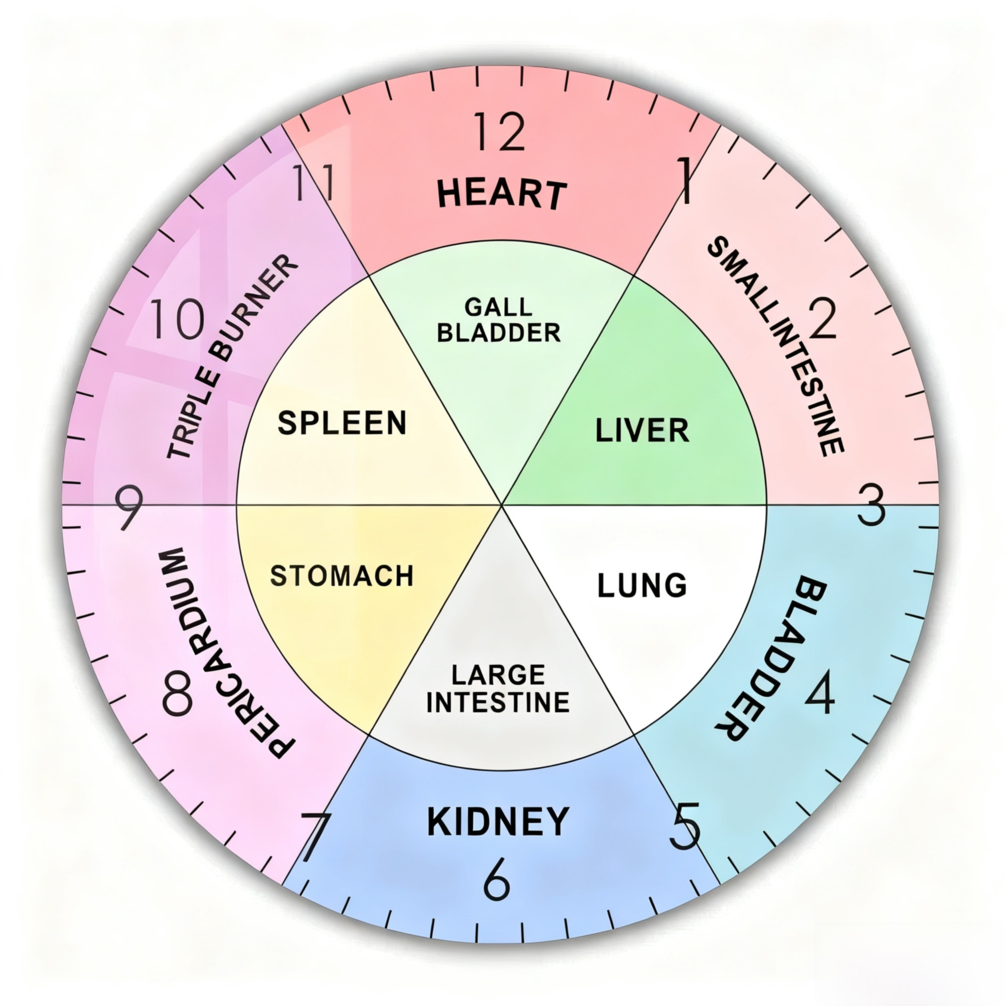 Ein farbenfrohes Diagramm zeigt Organe und ihre Zeiten. Die Zahlen 1-12 umkreisen die Uhr. Herz, Niere und Blase sind sichtbar.
