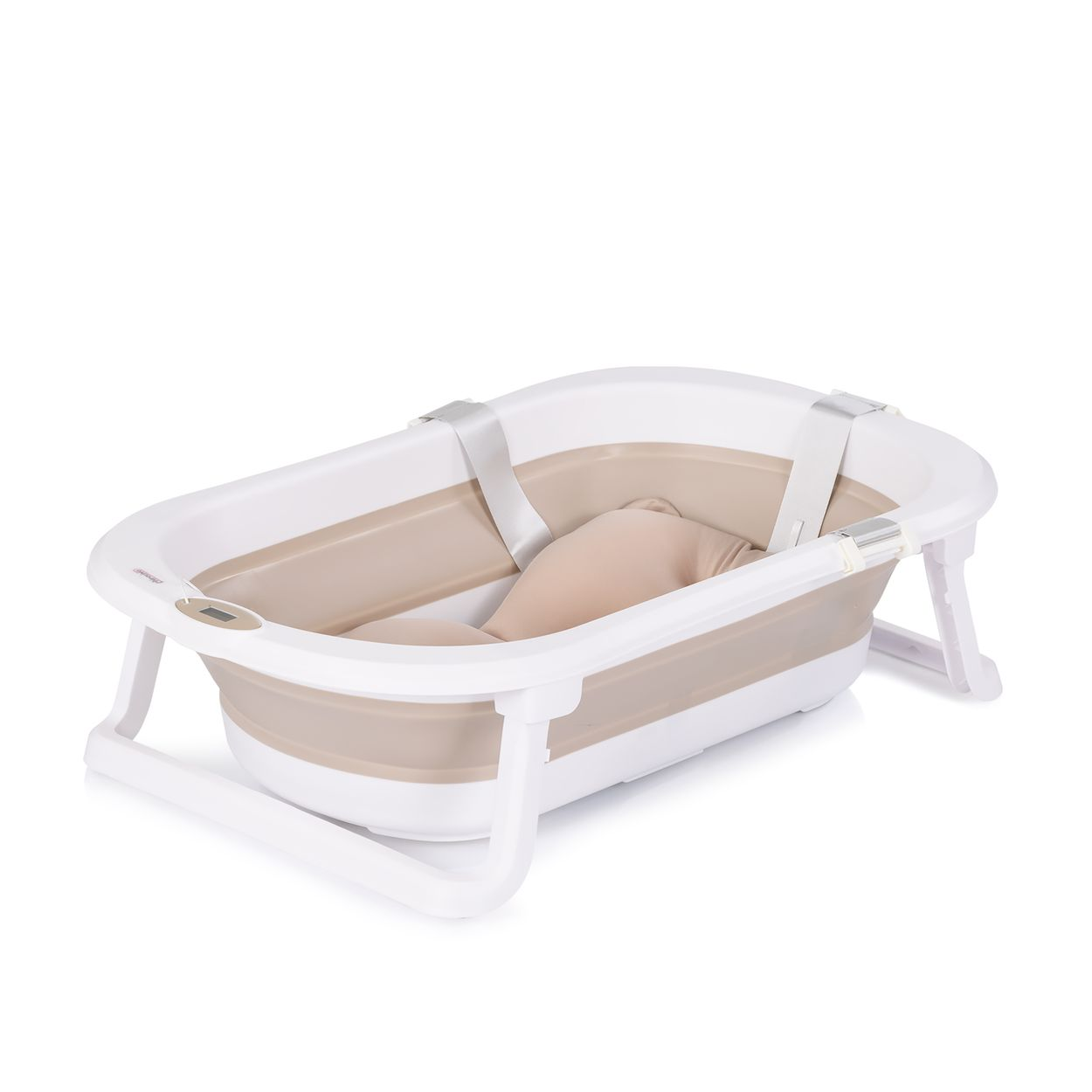 Eine weiß-beige Babybadewanne mit beigem Kissen. Sie hat weiße Gurte und ein faltbares Design.