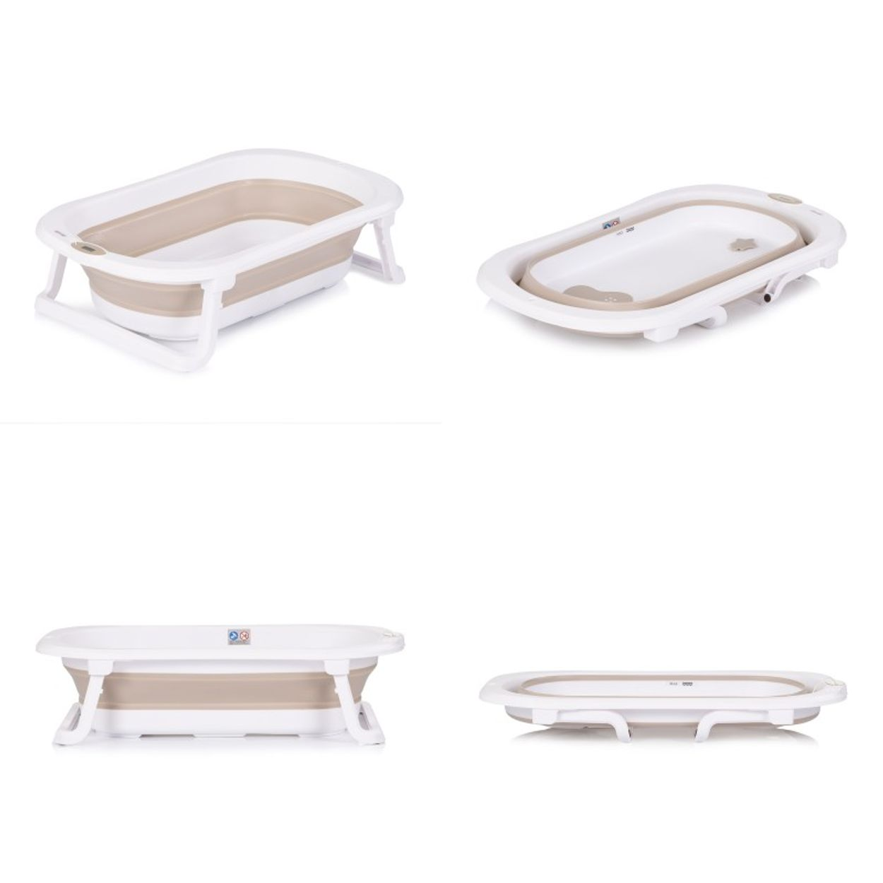 Vier Ansichten einer faltbaren Babybadewanne. Sie ist weiß und beige, mit Beinen und einem zusammenklappbaren Design.