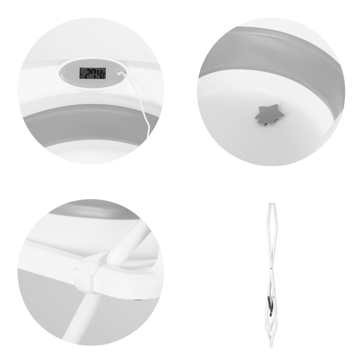 Zusammenklappbares weiß-graues Babybad-Set. Enthält ein digitales Thermometer, einen Ablaufstopfen und einen Klappständer. Isoliert auf Weiß.