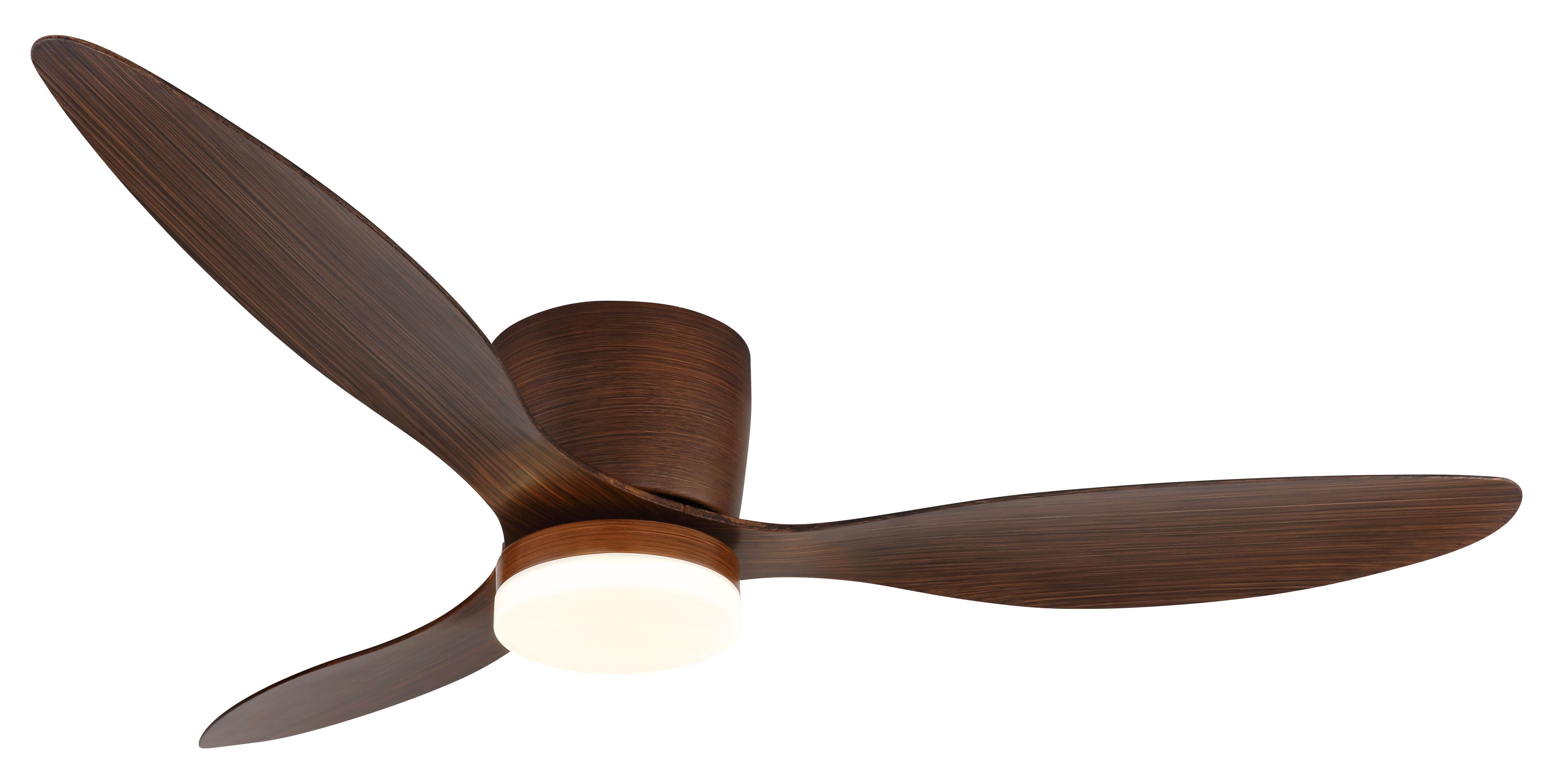 Ein moderner Deckenventilator mit drei dunkelbraunen Flügeln. Der Ventilator ist zentriert, mit weißem Hintergrund. Die Flügel sind gebogen.
