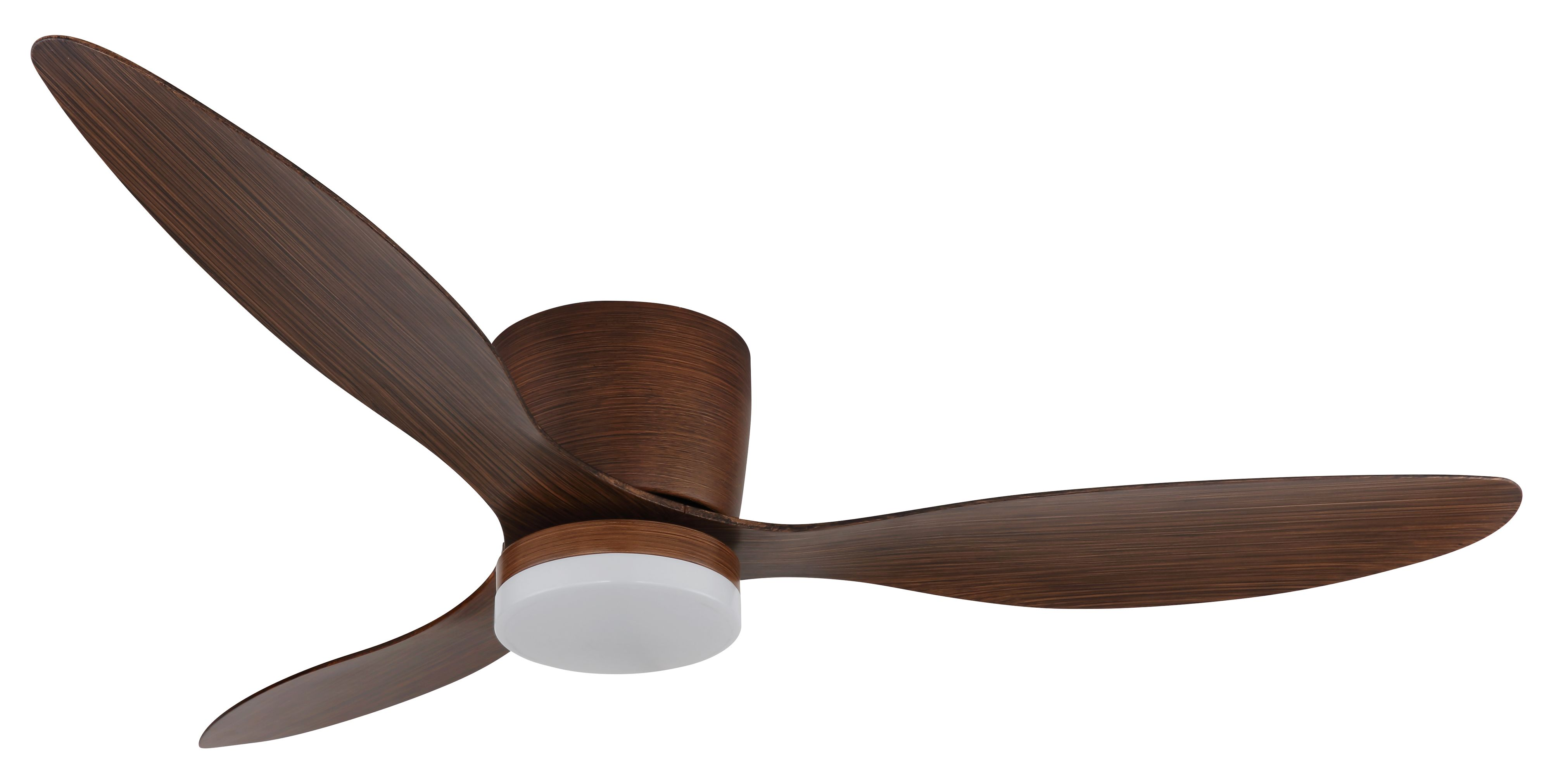 Ein Deckenventilator mit drei Holz-Look-Blättern. Das Motorgehäuse ist braun mit einer weißen Leuchte. Der Hintergrund ist weiß.