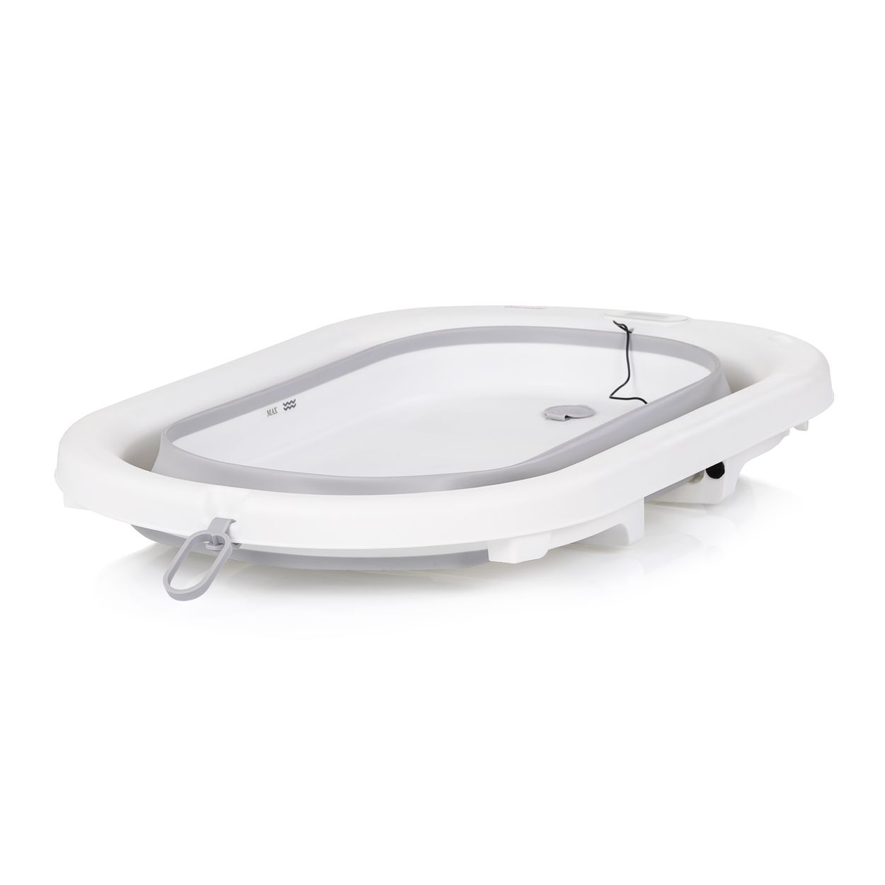 Eine weiß-graue, zusammenklappbare Babybadewanne. Sie ist ovalförmig, mit grauem Rand und Griff. Sie steht auf einer weißen Oberfläche.