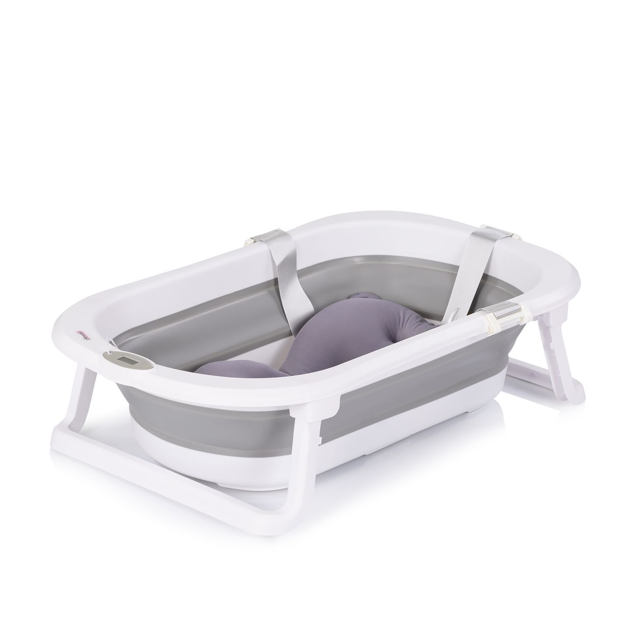 Eine weiß-graue Babybadewanne mit einer grauen Kopfstütze. Die Wanne steht auf einem weißen Ständer vor weißem Hintergrund.