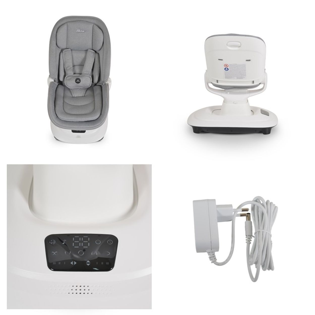 Auf weißem Hintergrund werden ein Babyschaukel-Set, ein Bedienfeld und ein Netzteil angezeigt. Alle Artikel sind weiß und grau.
