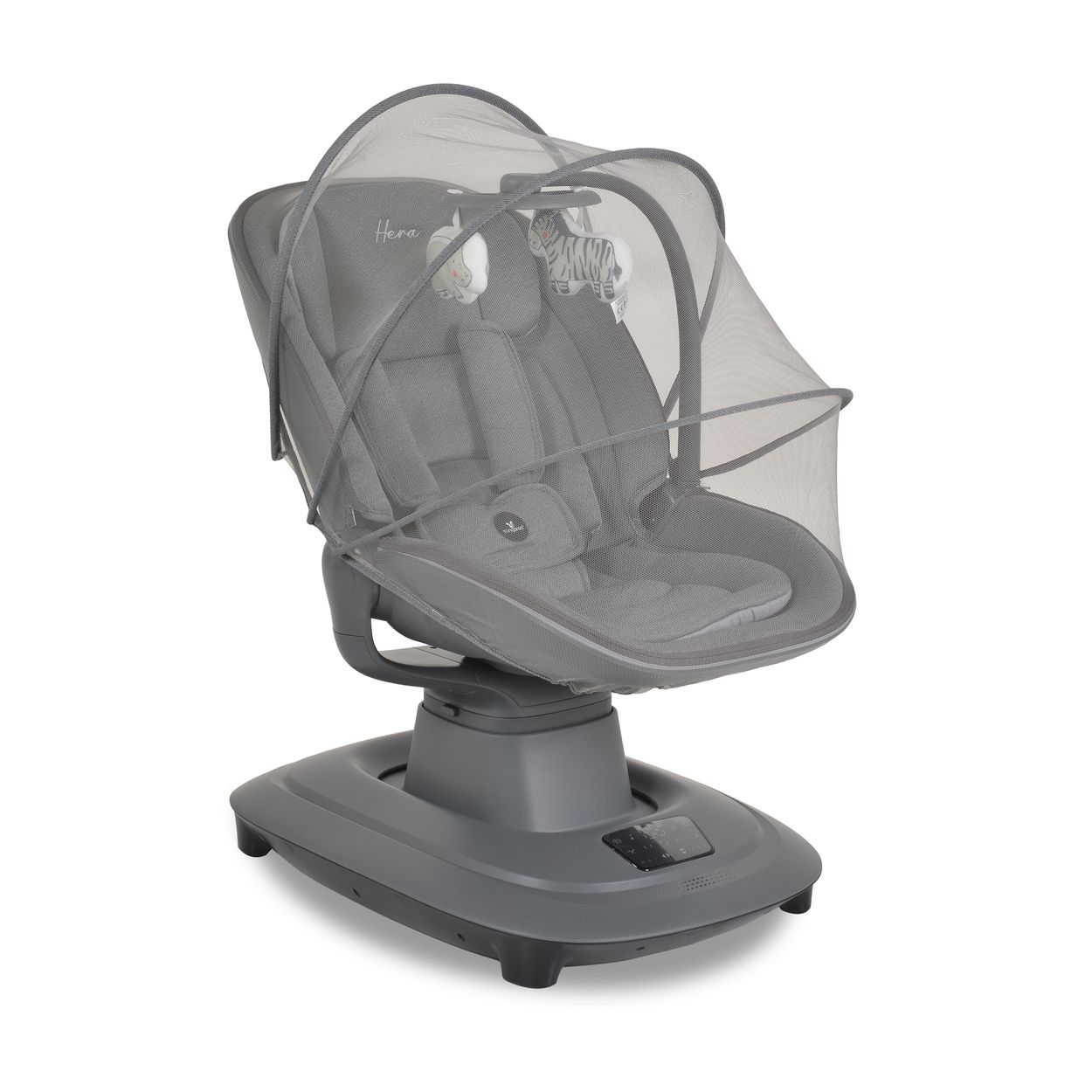 Eine graue Babyschaukel mit Moskitonetz. Sie hat einen Sitz, einen Sockel und hängendes Spielzeug. Auf dem Sitz steht das Wort "Hera".