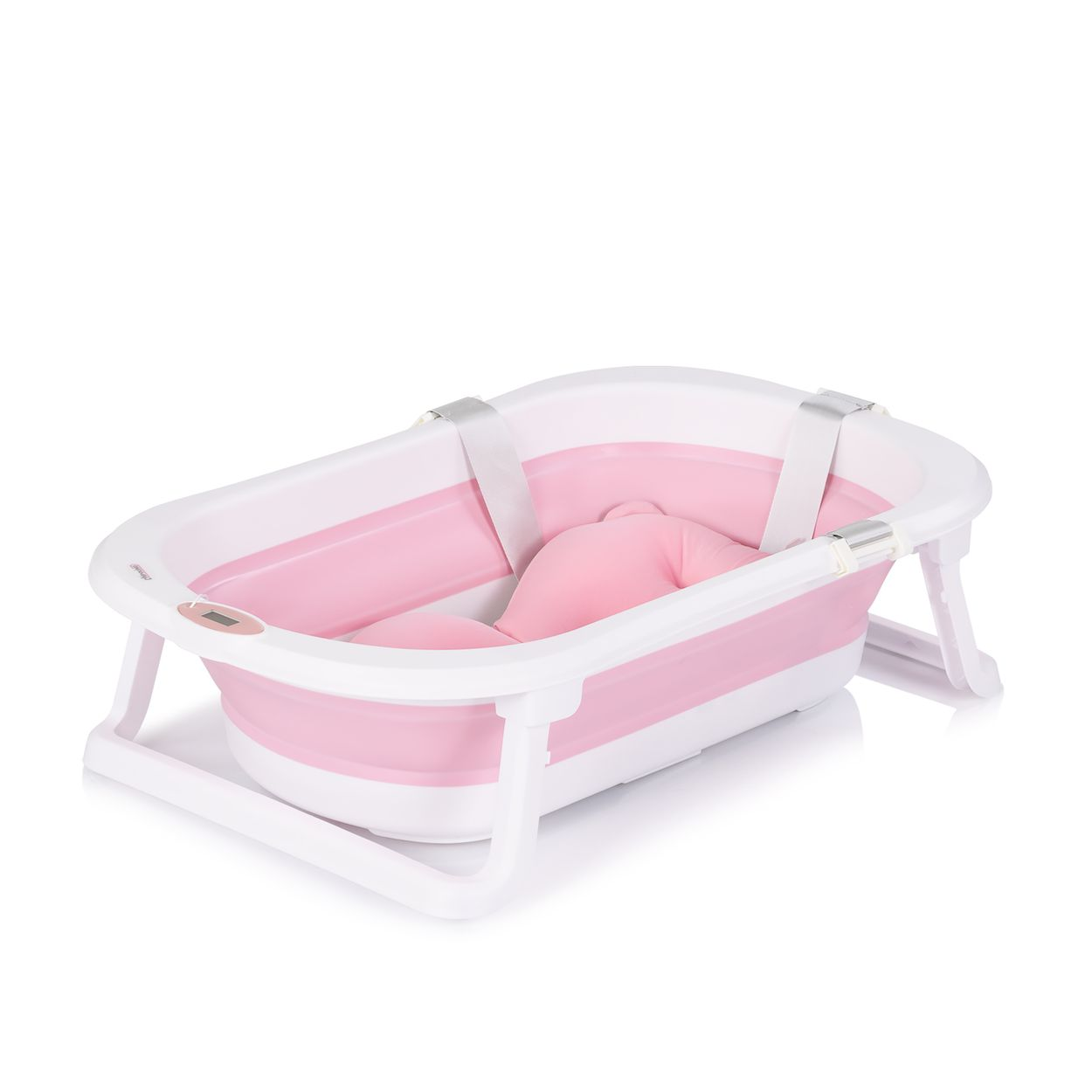 Eine faltbare Babybadewanne, weiß und rosa, mit einer rosa Kopfstütze. Sie steht auf einem weißen Ständer, mit Gurten.
