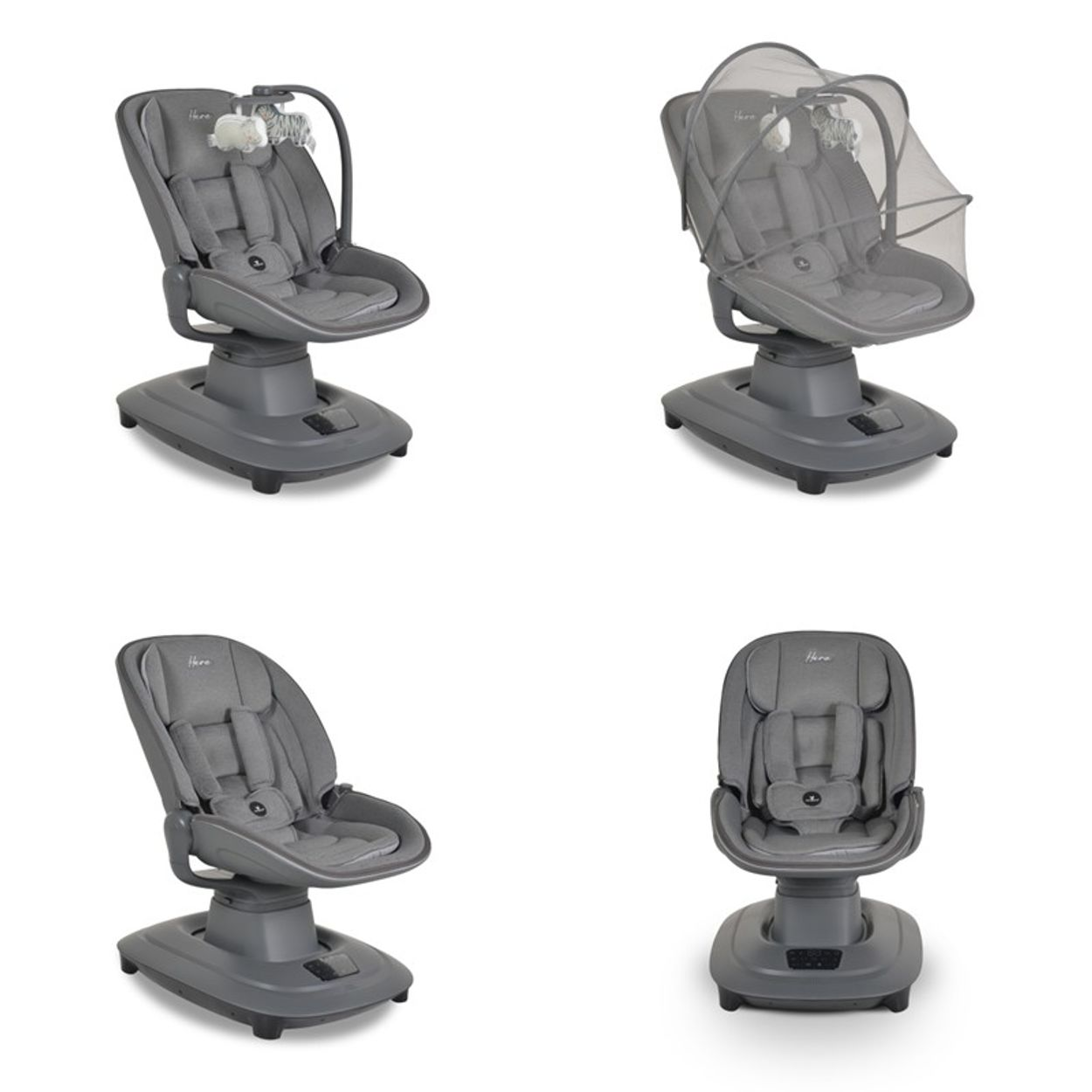 Vier Ansichten einer grauen Babyschaukel. Sie hat einen Sitz, einen Sockel, und einige Versionen haben ein Moskitonetz. Die Schaukel steht auf weißem Grund.