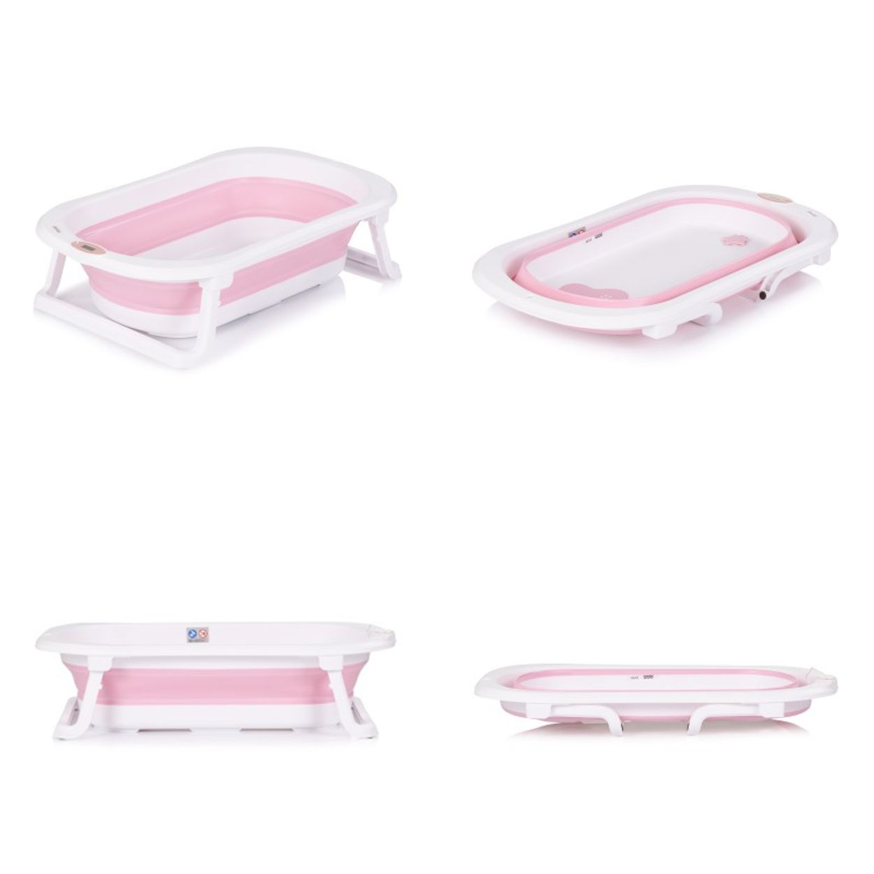 Vier Ansichten einer weiß-rosa Babybadewanne. Eine ist offen, die anderen zeigen die zusammengeklappte Wanne. Alle haben weiße Beine.