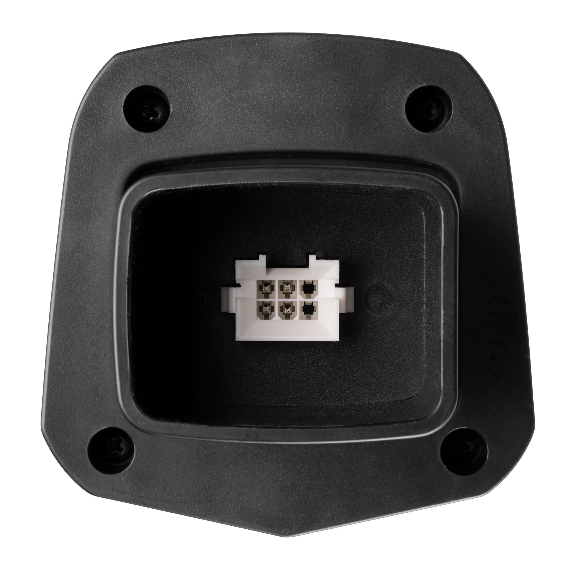 Zwart kunststof onderdeel met een verzonken gedeelte met een witte elektrische connector met pinnen en vier schroeven.