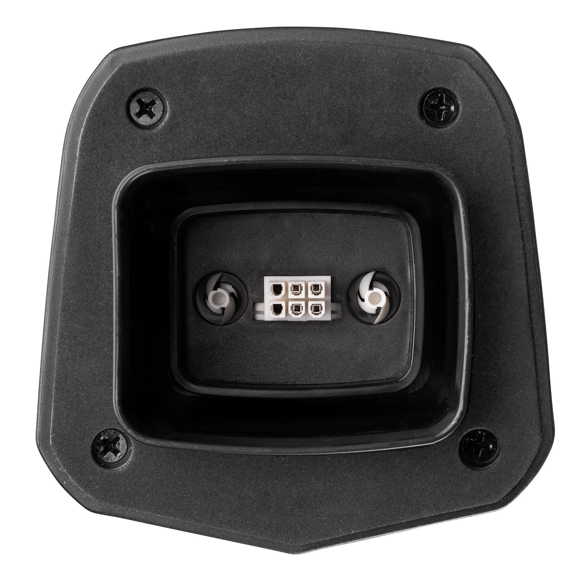 Zwart plastic onderdeel met schroeven, een centrale rechthoekige opening en een connector met witte pinnen.