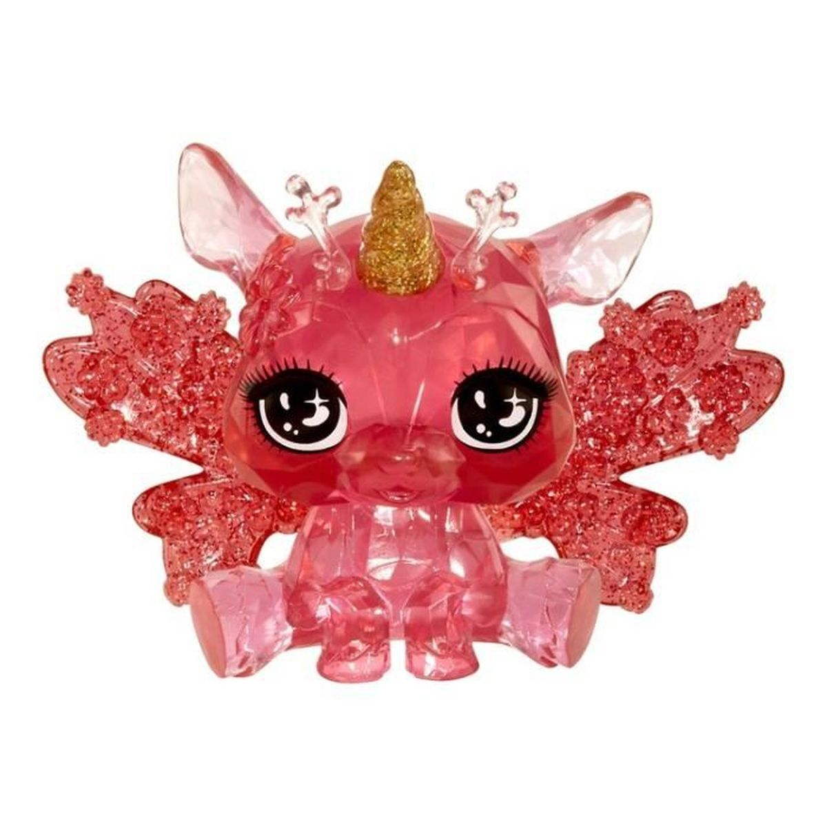 Ein rosa, transparentes, einhornartiges Spielzeug mit goldenem Horn, großen Augen und glitzernden Flügeln auf weißem Grund.